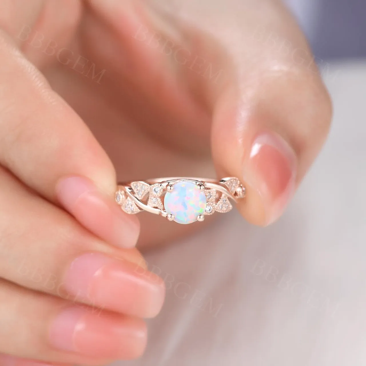 Opal Engagement Ring 14k 18k Rose Gold Round Cut Antique Art Deco Wedding Ring Milgrain Anniversary Gift Women Set