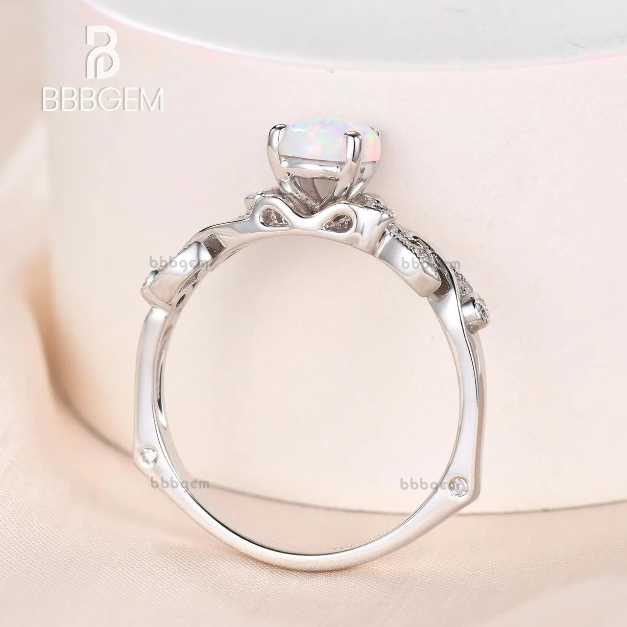 Opal Engagement Ring 14k 18k Rose Gold Round Cut Antique Art Deco Wedding Ring Milgrain Anniversary Gift Women Set