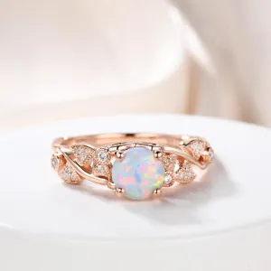 Opal Engagement Ring 14k 18k Rose Gold Round Cut Antique Art Deco Wedding Ring Milgrain Anniversary Gift Women Set