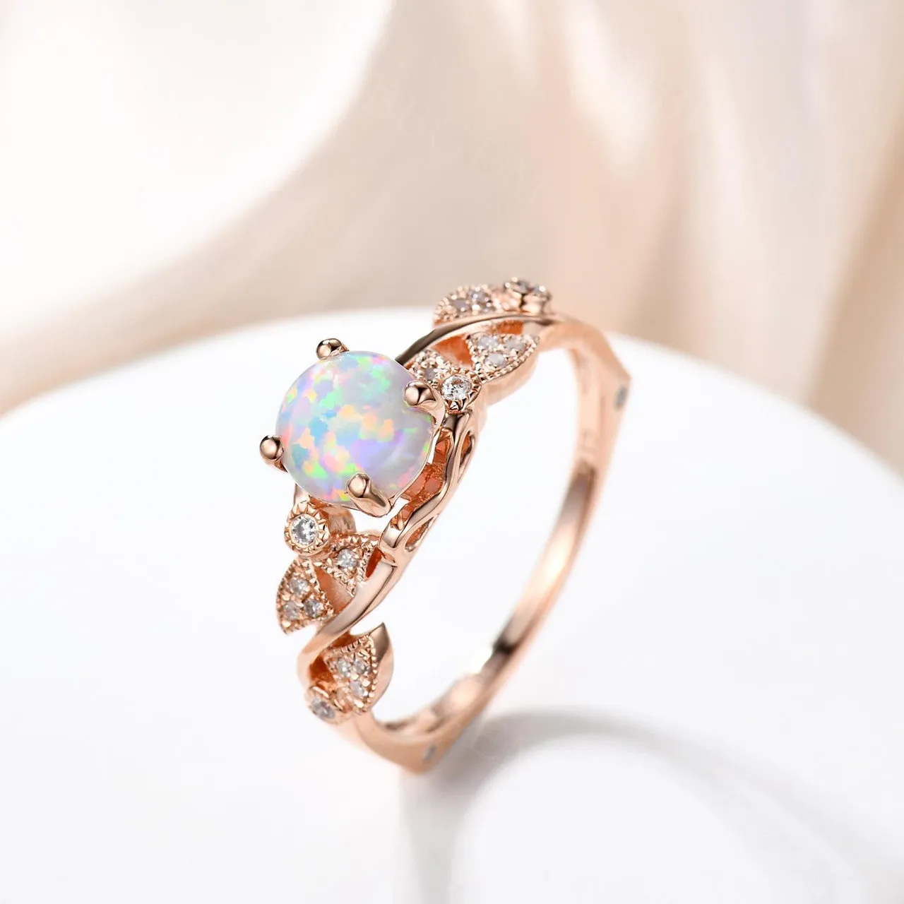 Opal Engagement Ring 14k 18k Rose Gold Round Cut Antique Art Deco Wedding Ring Milgrain Anniversary Gift Women Set