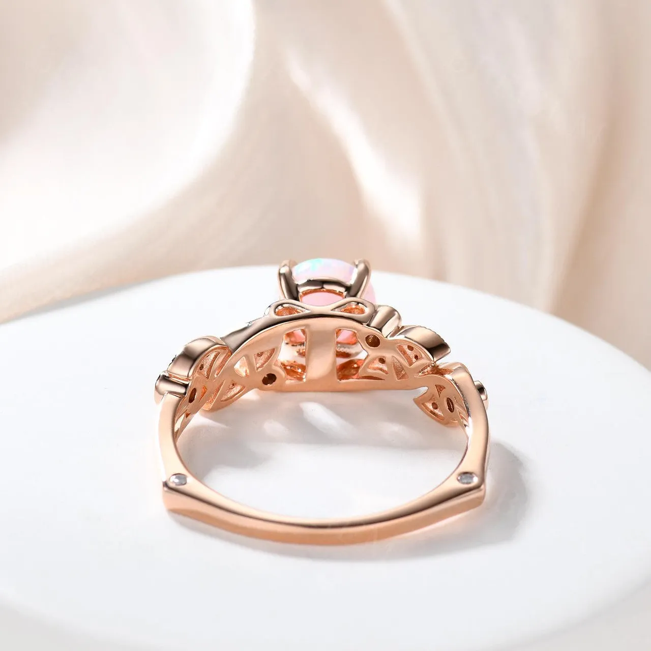 Opal Engagement Ring 14k 18k Rose Gold Round Cut Antique Art Deco Wedding Ring Milgrain Anniversary Gift Women Set