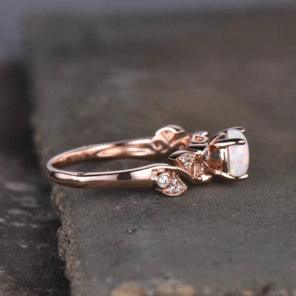 Opal Engagement Ring 14k 18k Rose Gold Round Cut Antique Art Deco Wedding Ring Milgrain Anniversary Gift Women Set