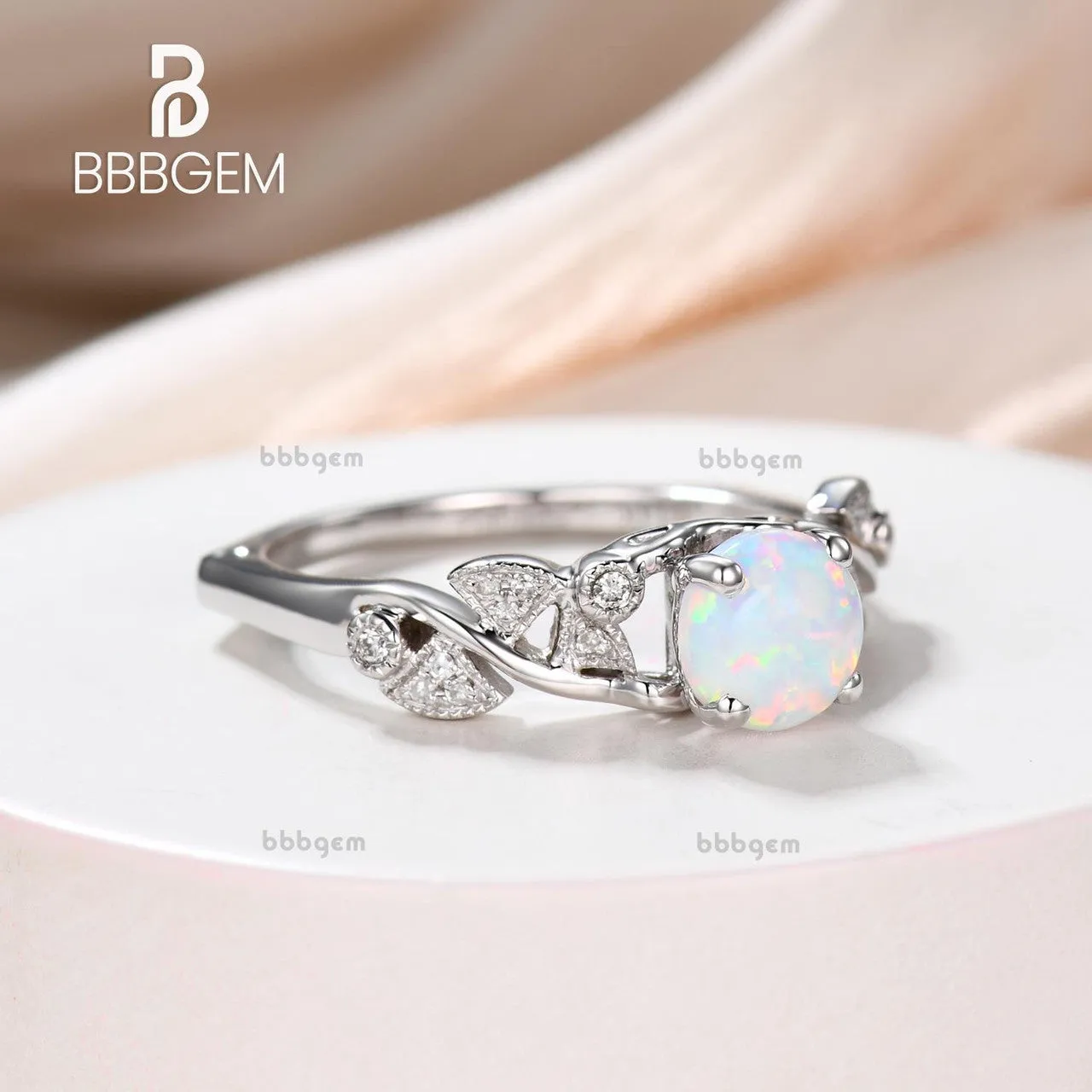 Opal Engagement Ring 14k 18k Rose Gold Round Cut Antique Art Deco Wedding Ring Milgrain Anniversary Gift Women Set