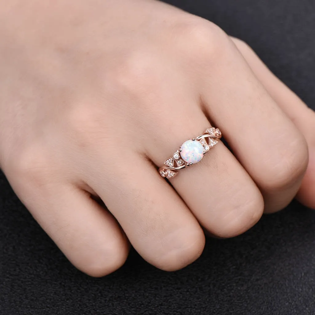 Opal Engagement Ring 14k 18k Rose Gold Round Cut Antique Art Deco Wedding Ring Milgrain Anniversary Gift Women Set