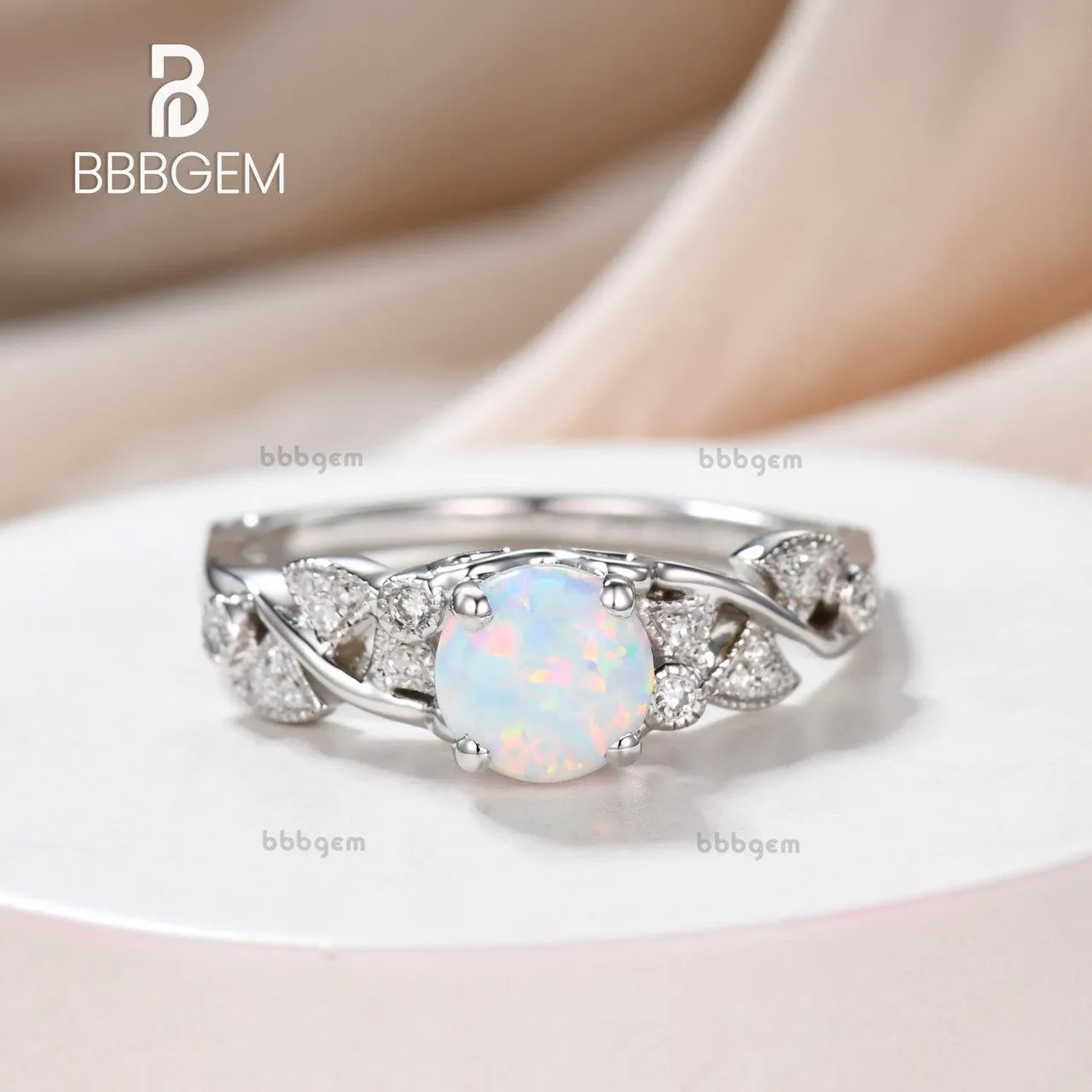 Opal Engagement Ring 14k 18k Rose Gold Round Cut Antique Art Deco Wedding Ring Milgrain Anniversary Gift Women Set