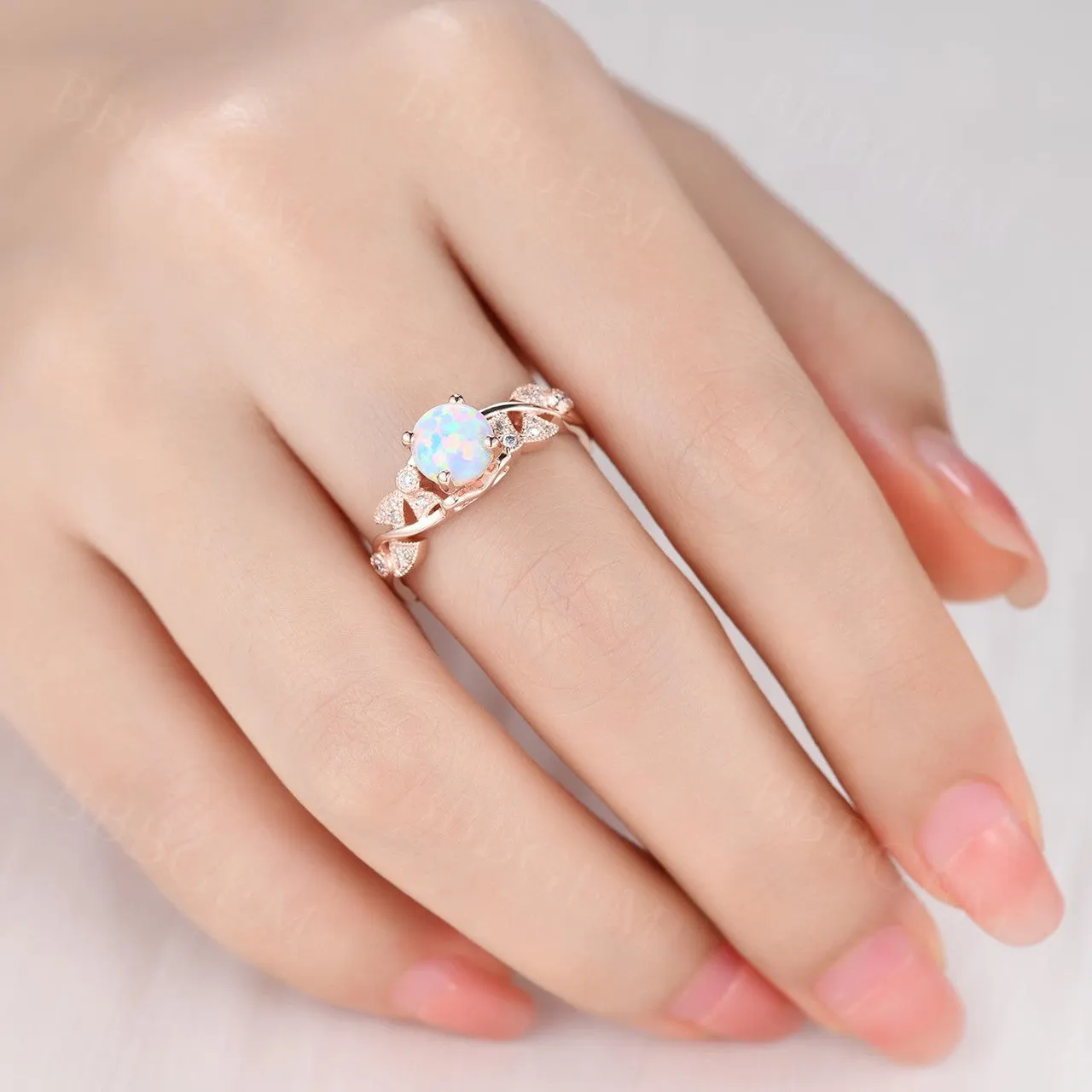 Opal Engagement Ring 14k 18k Rose Gold Round Cut Antique Art Deco Wedding Ring Milgrain Anniversary Gift Women Set