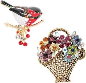 Opexicos 2Pcs Creative Design Multicolor Bird Brooch Pins Enamel Animal Hummingbird Brooches and Colors Rhinestone Flower Basket Brooch Vintage