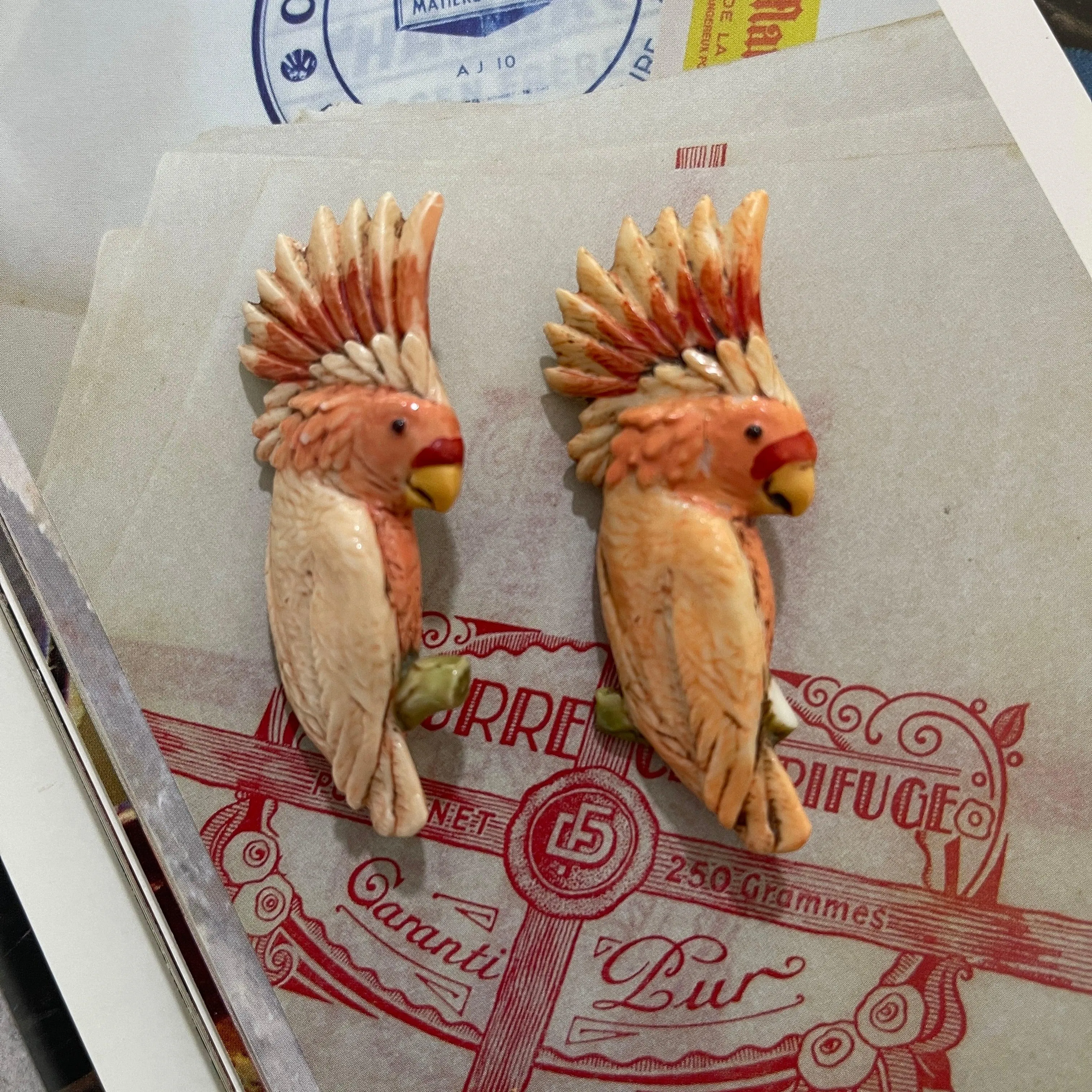 Pair of Pink Cockatoo Mid Century Plastic Brooches