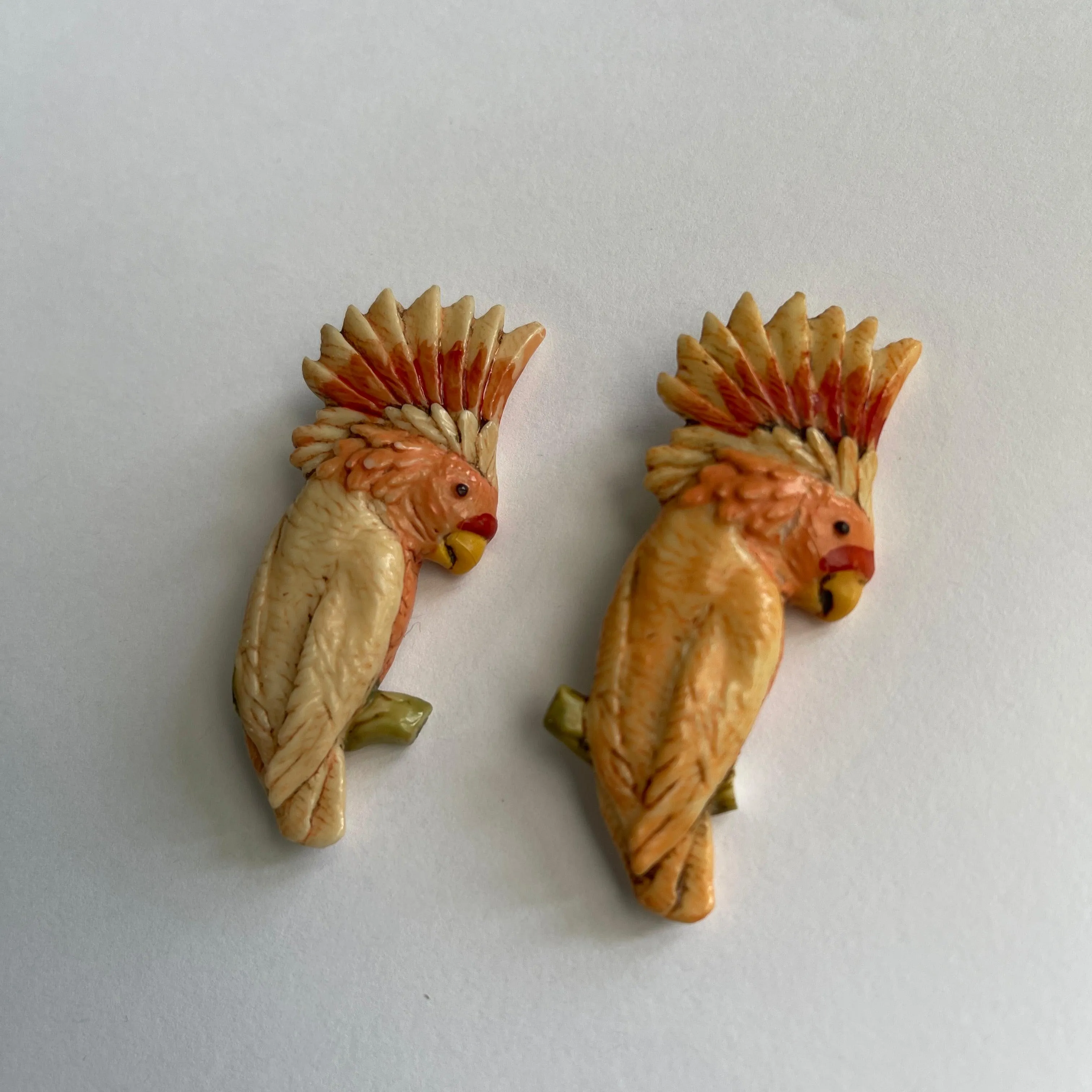 Pair of Pink Cockatoo Mid Century Plastic Brooches