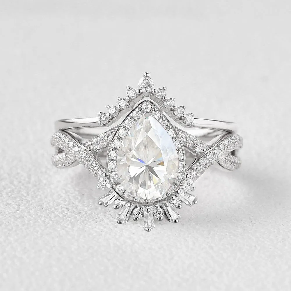 Pear Opal Halo Stacking Engagement Ring Set 2pcs