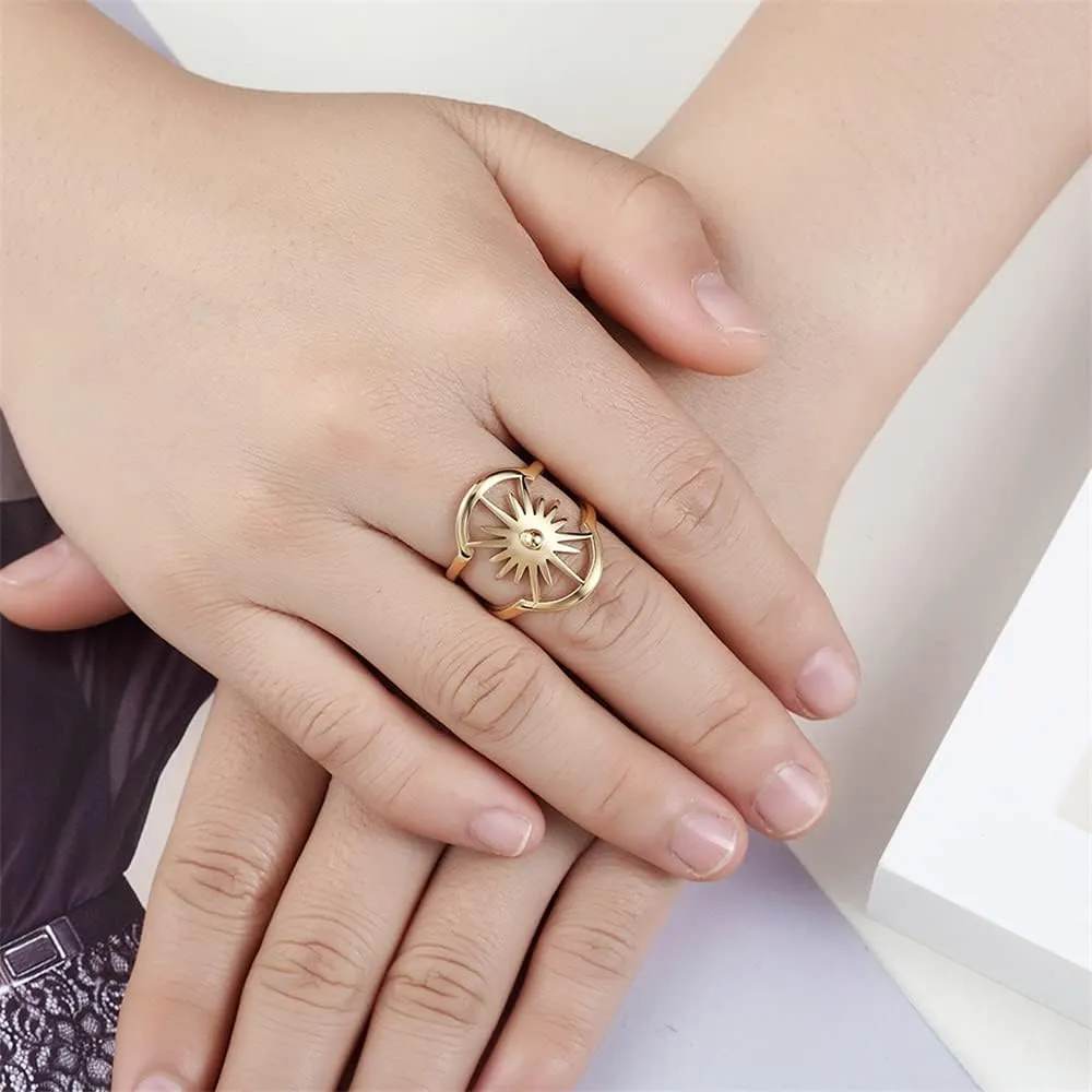 Personalized Sunlight Evil Eye Wrap Statement Rings for Women Men Fashion Wide Flat Double Layered Stainless Steel Eternity Couple Stacking Finger Knuckle Ring Girlfriend Boyfriend Valentines Birthday