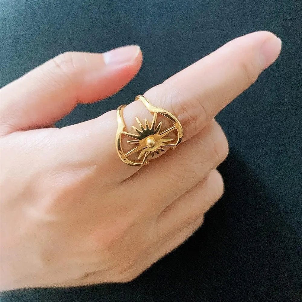 Personalized Sunlight Evil Eye Wrap Statement Rings for Women Men Fashion Wide Flat Double Layered Stainless Steel Eternity Couple Stacking Finger Knuckle Ring Girlfriend Boyfriend Valentines Birthday