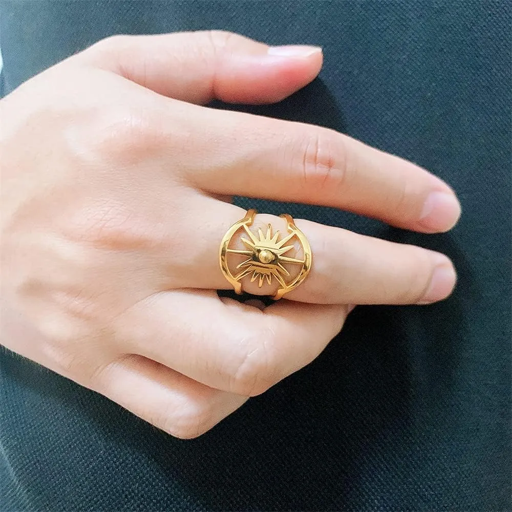 Personalized Sunlight Evil Eye Wrap Statement Rings for Women Men Fashion Wide Flat Double Layered Stainless Steel Eternity Couple Stacking Finger Knuckle Ring Girlfriend Boyfriend Valentines Birthday