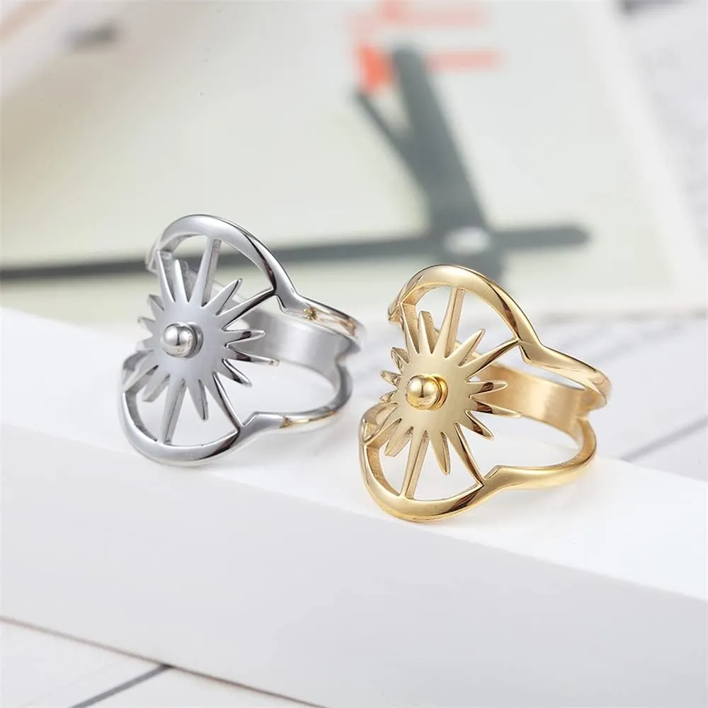 Personalized Sunlight Evil Eye Wrap Statement Rings for Women Men Fashion Wide Flat Double Layered Stainless Steel Eternity Couple Stacking Finger Knuckle Ring Girlfriend Boyfriend Valentines Birthday