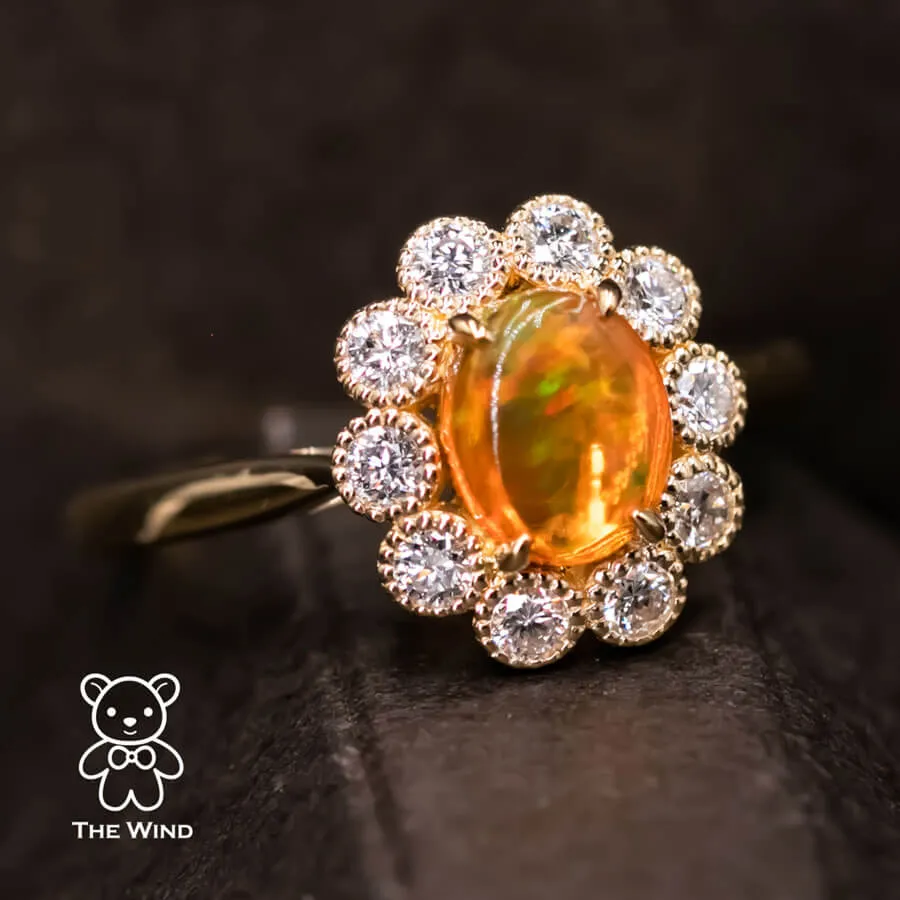Rainbow Stripe Mexican Fire Opal & Halo Diamond Engagement Ring 18K Yellow Gold