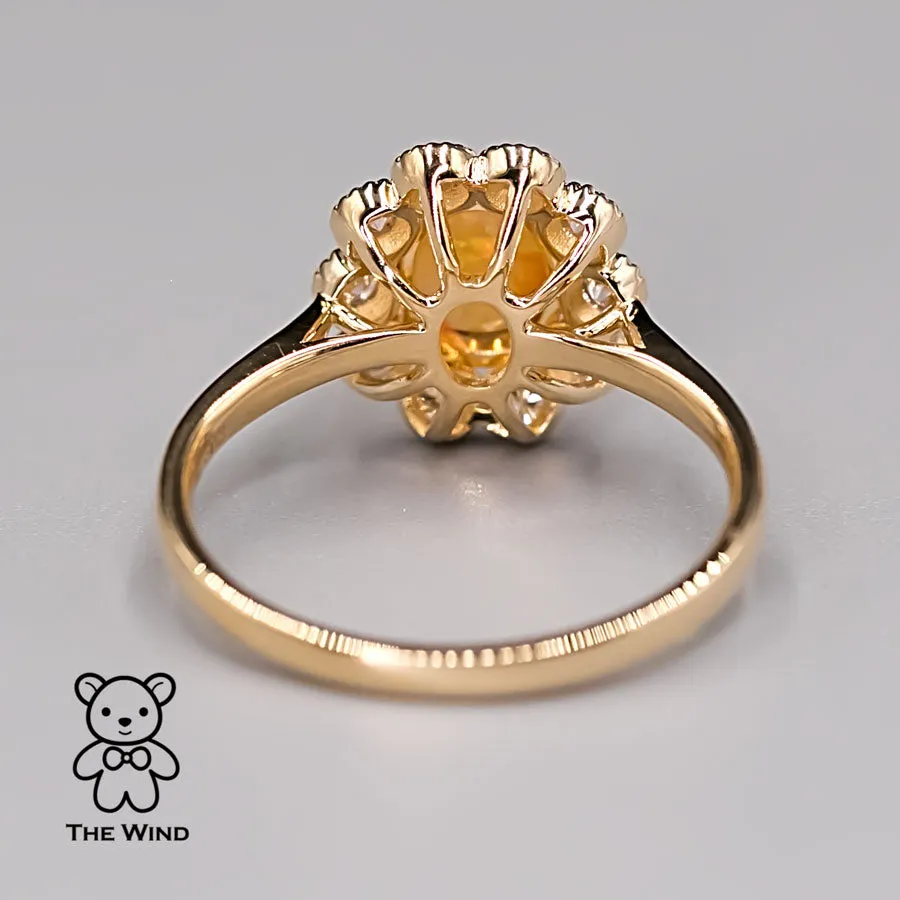 Rainbow Stripe Mexican Fire Opal & Halo Diamond Engagement Ring 18K Yellow Gold