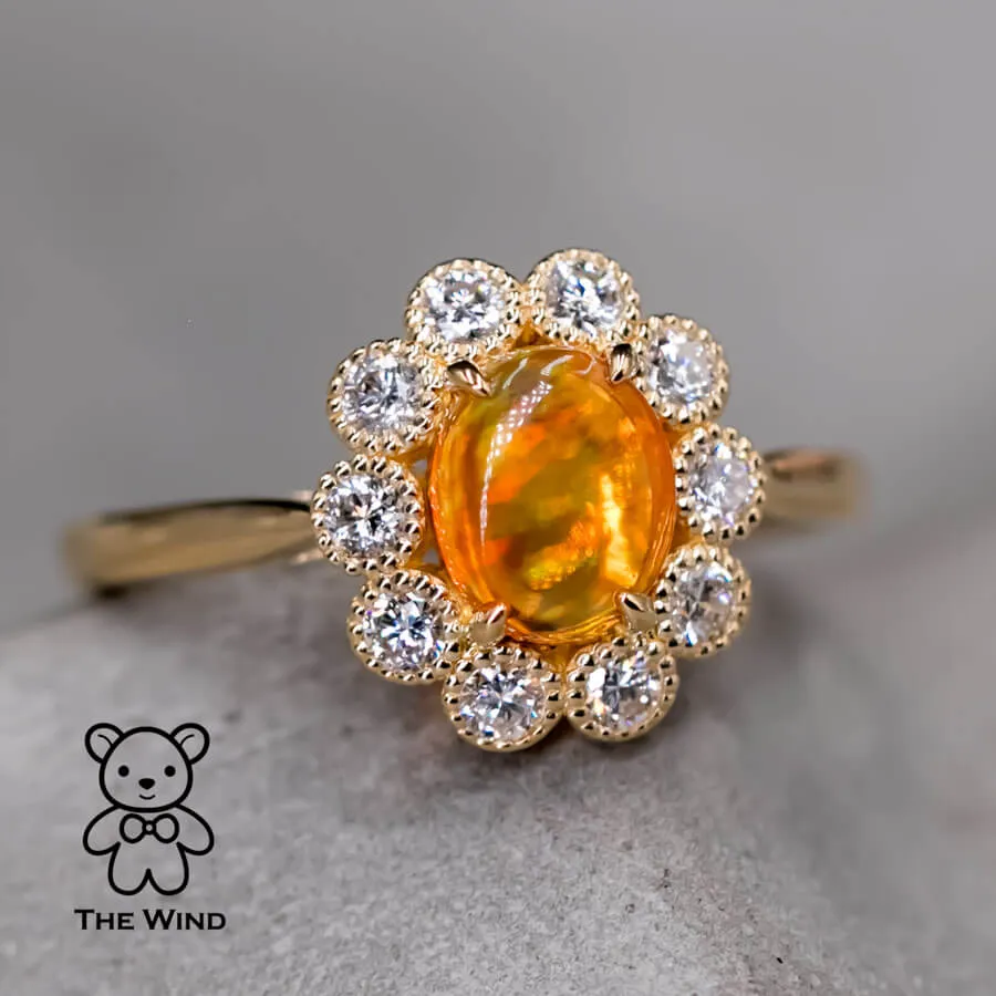 Rainbow Stripe Mexican Fire Opal & Halo Diamond Engagement Ring 18K Yellow Gold