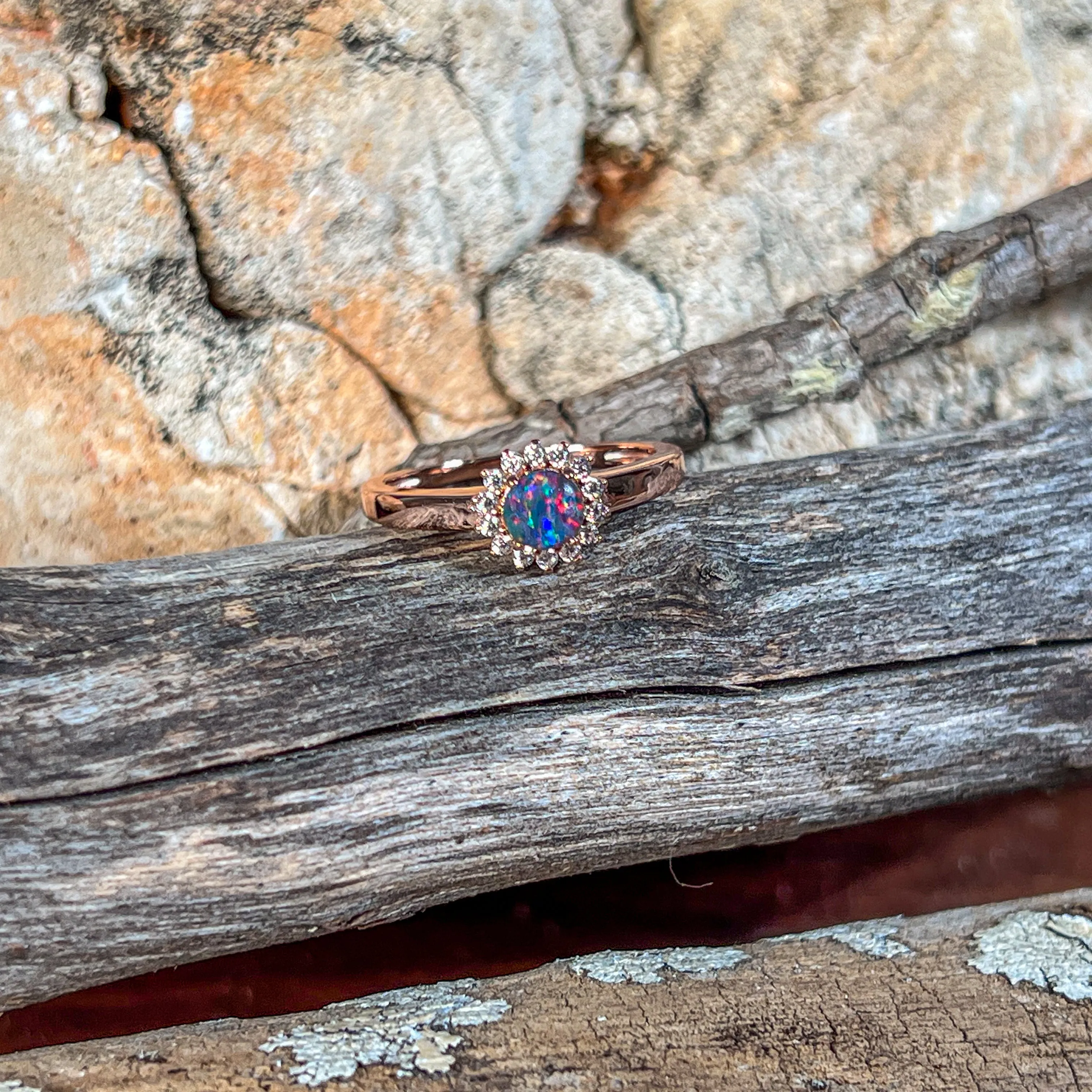 Rose Gold Silver plated cluster round 5mm Opal triplet ring