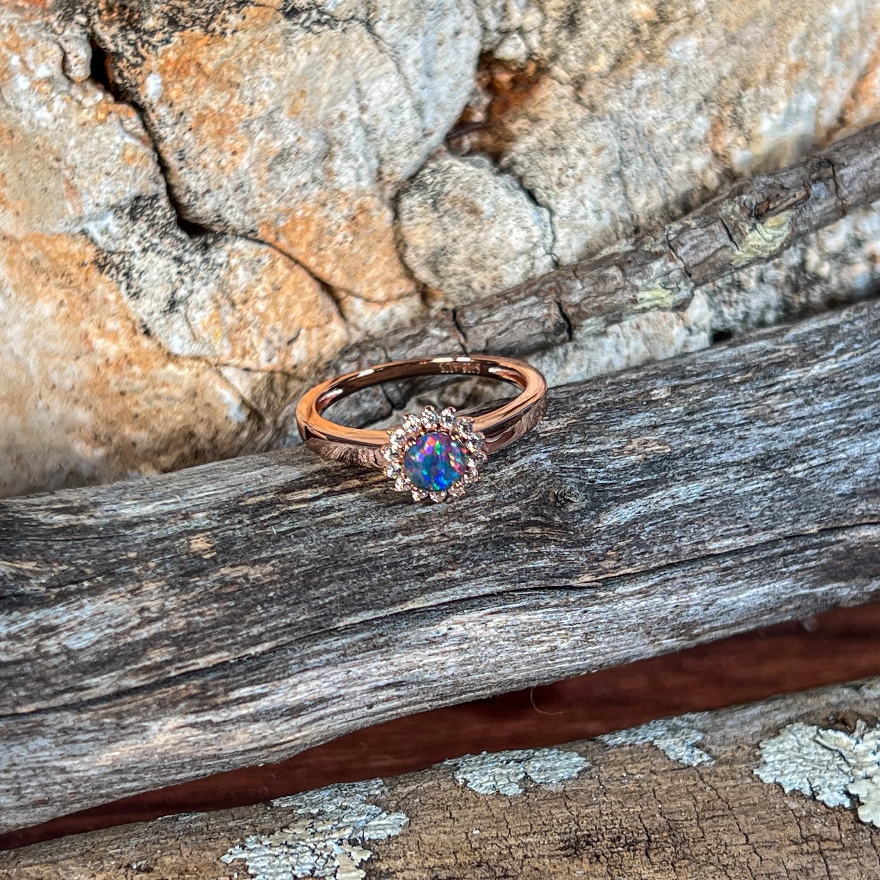 Rose Gold Silver plated cluster round 5mm Opal triplet ring
