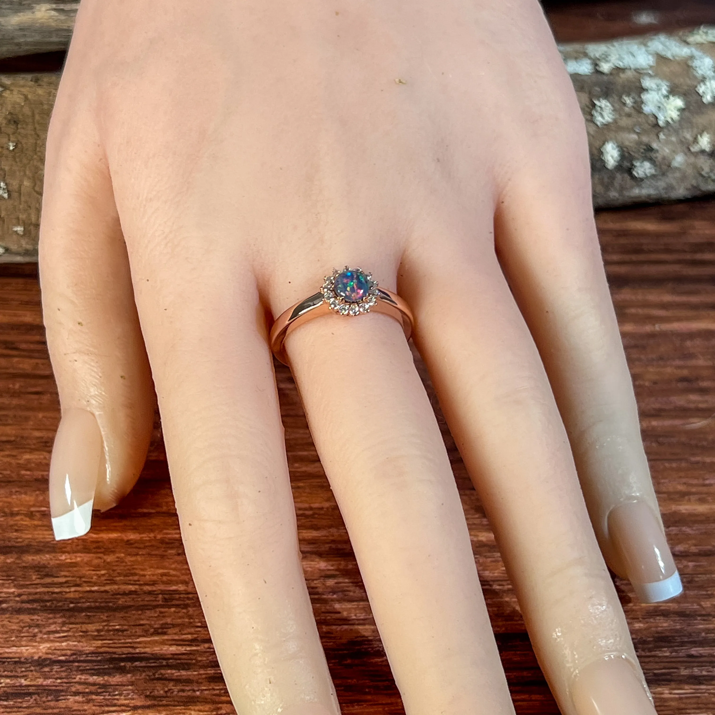 Rose Gold Silver plated cluster round 5mm Opal triplet ring