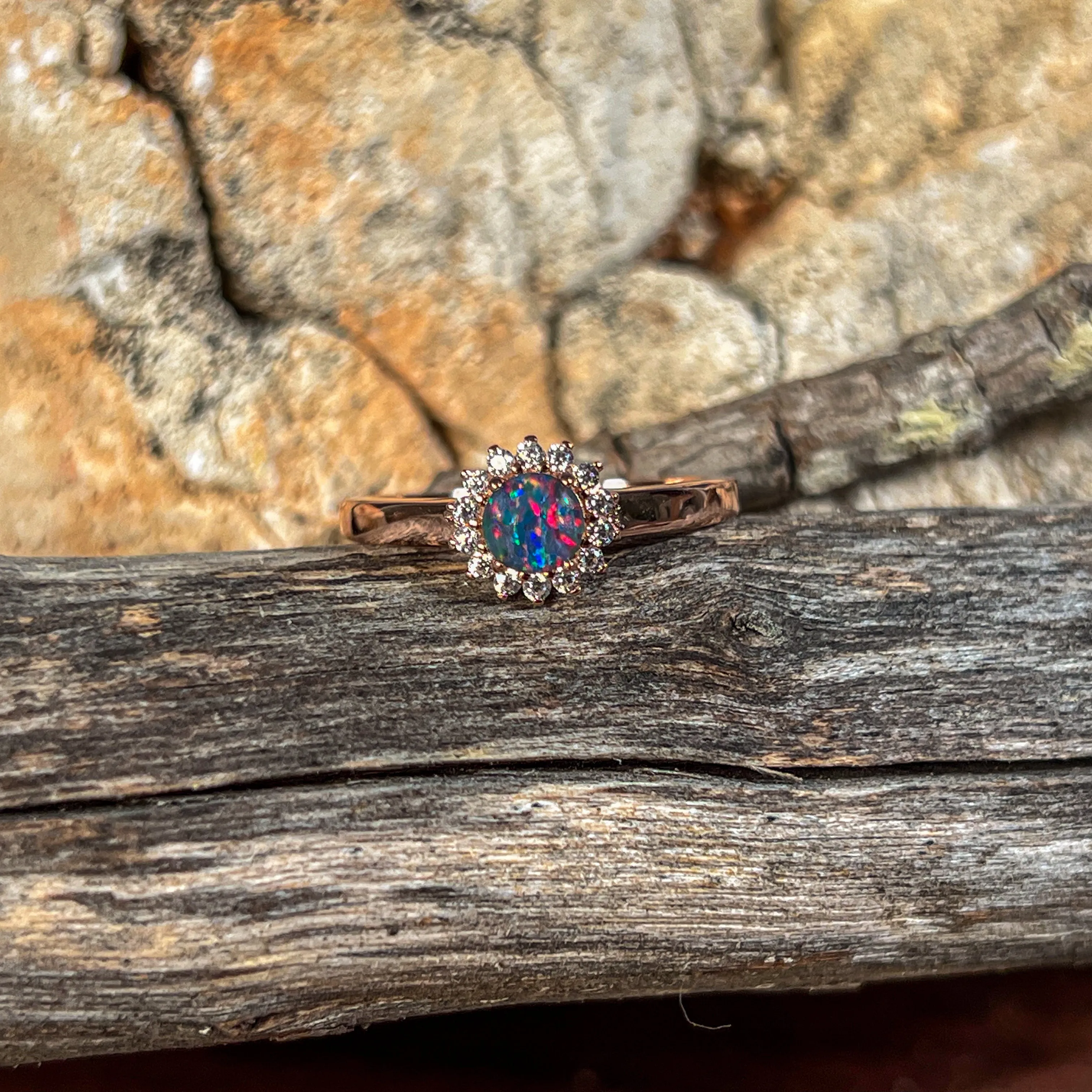 Rose Gold Silver plated cluster round 5mm Opal triplet ring