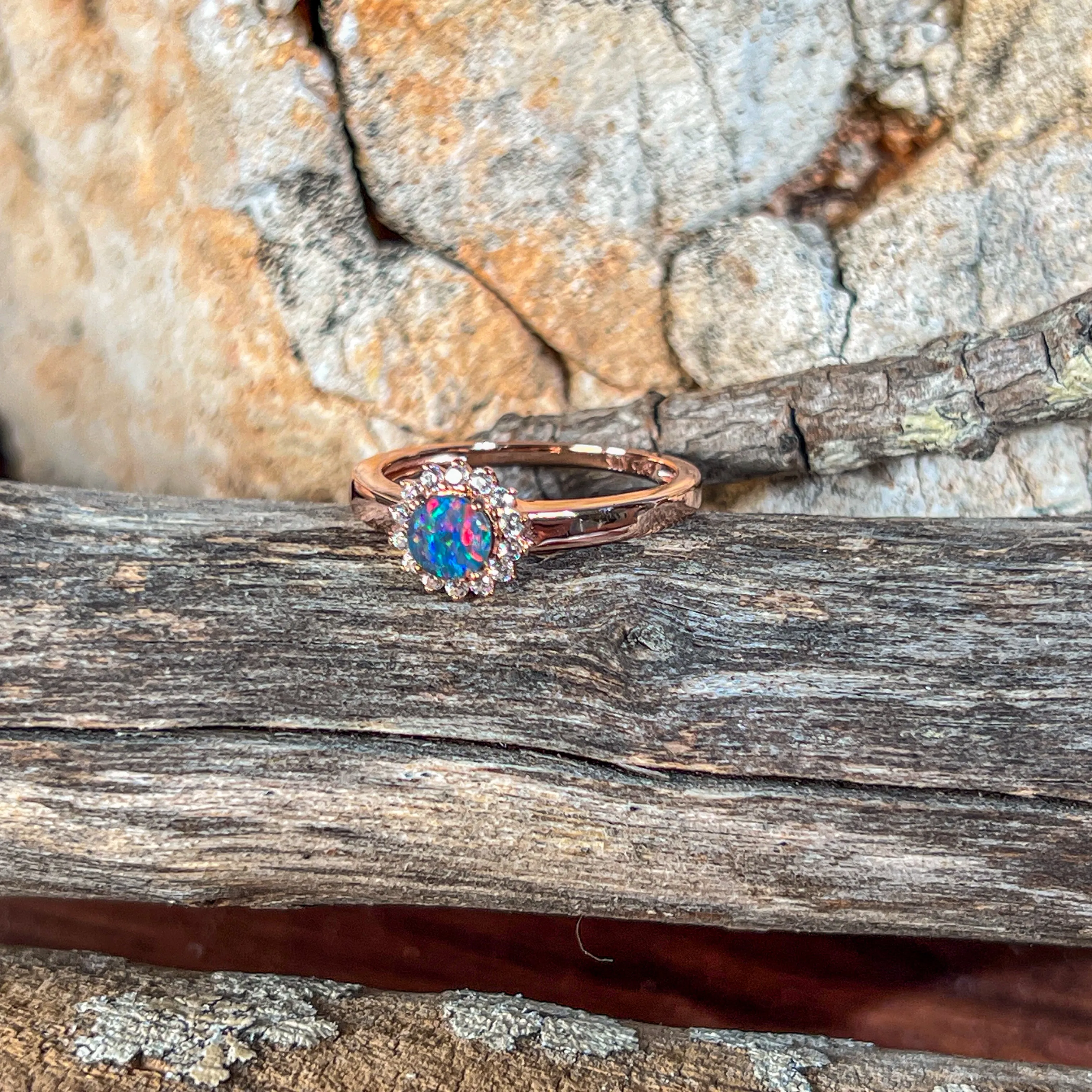 Rose Gold Silver plated cluster round 5mm Opal triplet ring