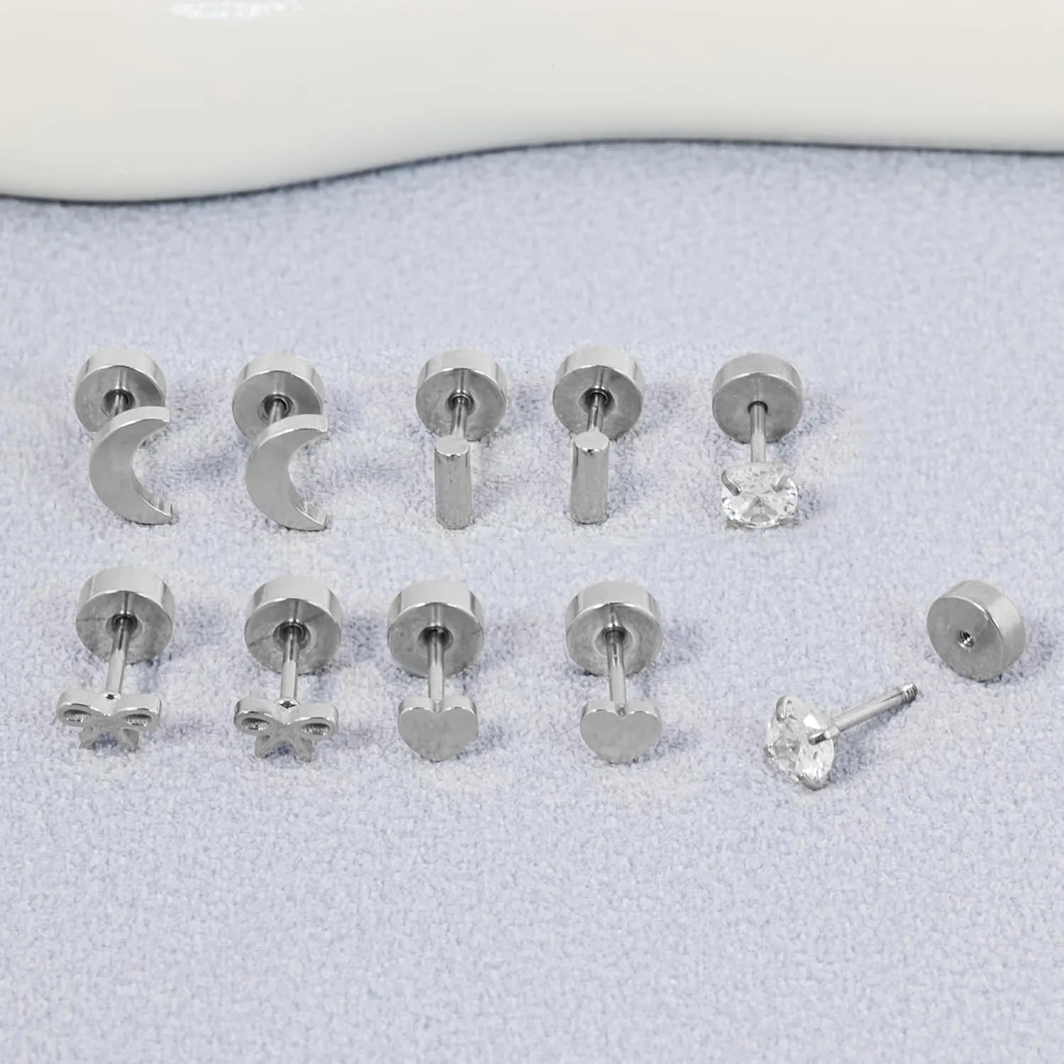 Screw Back Earrings for Women, Silver Flat Back Stud Earrings Hypoallergenic Surgical Steel Small CZ Stud Heart Bar Bow Cartilage Earring Sets for Tragus Helix Multiple Piercing