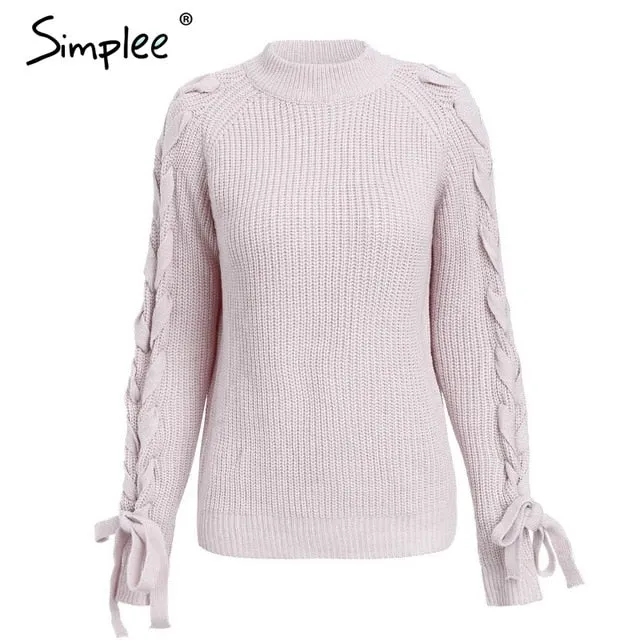Simplee O neck knitted women sweater Lace up cute pullover and sweaters Winter 2018 female jumper elegant ladies tops jumper