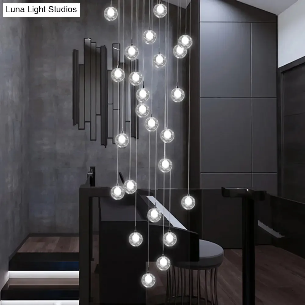 Sleek Spiral Stairs Suspension Light - Minimalist Bubbles Multi Pendant Fixture in Frosted White-Clear Glass