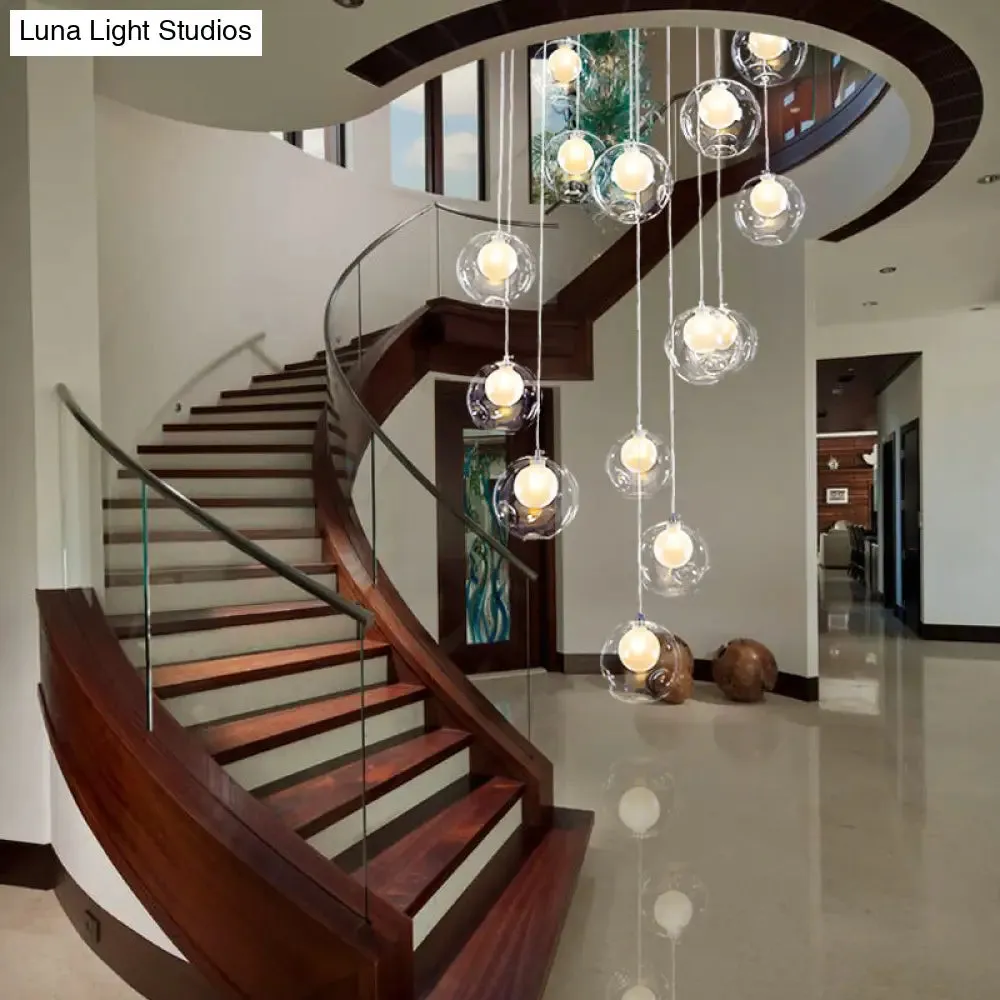 Sleek Spiral Stairs Suspension Light - Minimalist Bubbles Multi Pendant Fixture in Frosted White-Clear Glass