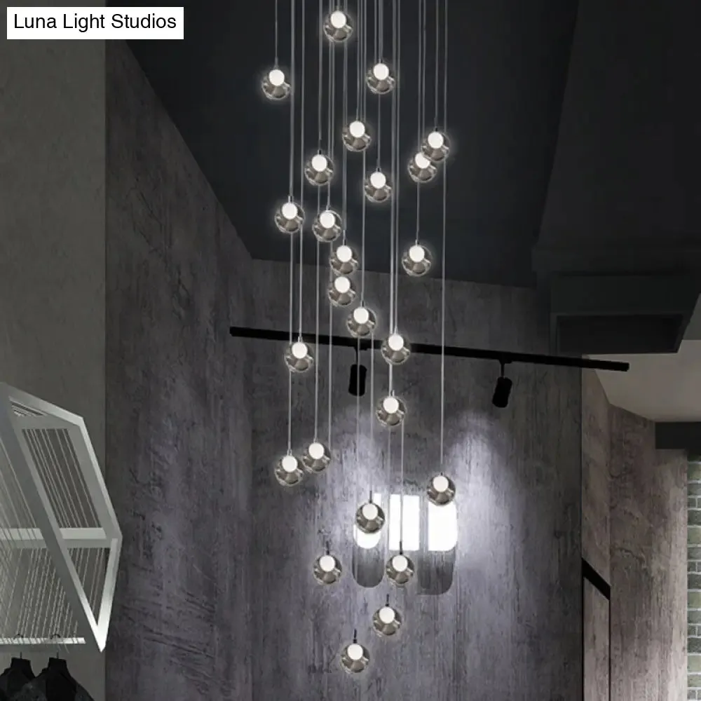 Sleek Spiral Stairs Suspension Light - Minimalist Bubbles Multi Pendant Fixture in Frosted White-Clear Glass