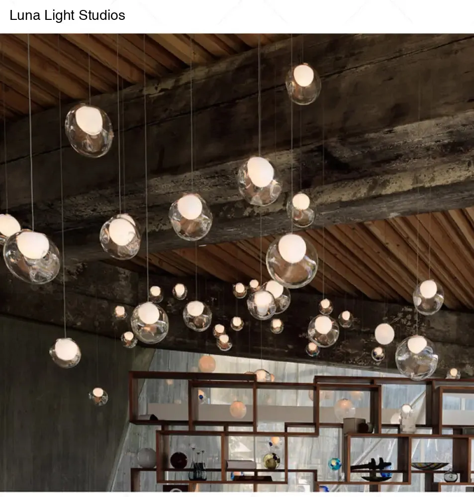 Sleek Spiral Stairs Suspension Light - Minimalist Bubbles Multi Pendant Fixture in Frosted White-Clear Glass