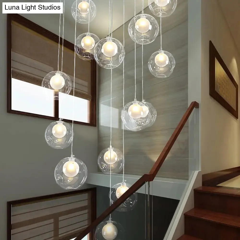 Sleek Spiral Stairs Suspension Light - Minimalist Bubbles Multi Pendant Fixture in Frosted White-Clear Glass