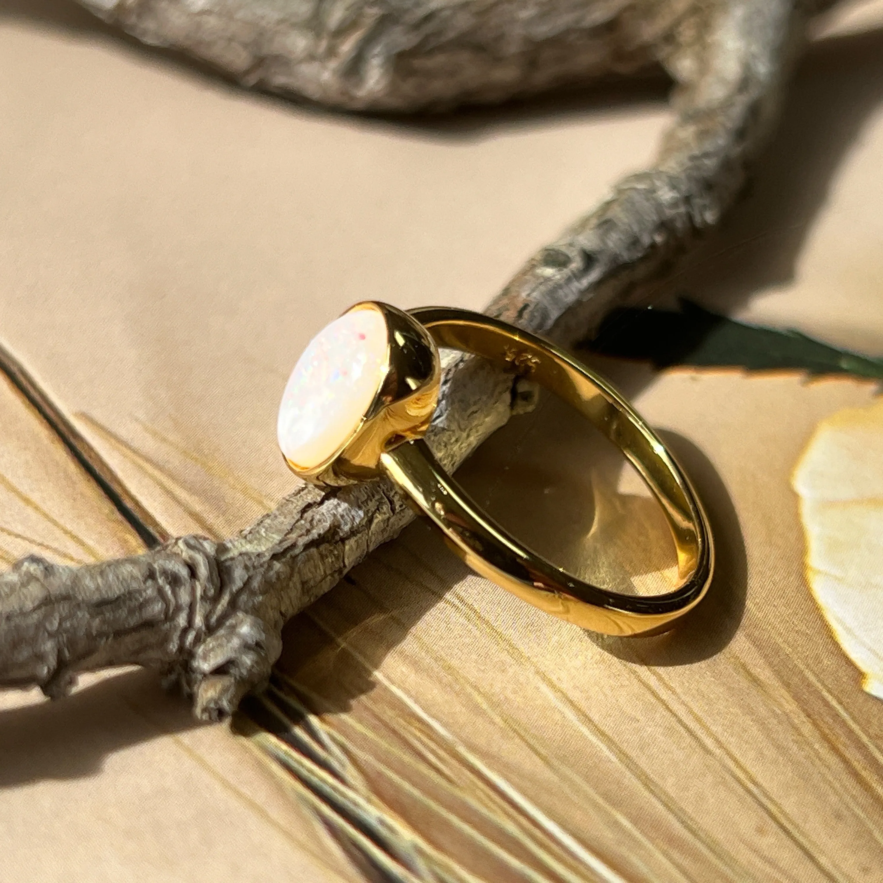 Solitaire White Opal Ring - Gold Plated Sterling Silver - Dainty Women's Blue, Silver & Gold Opal Jewelry 9x7mm