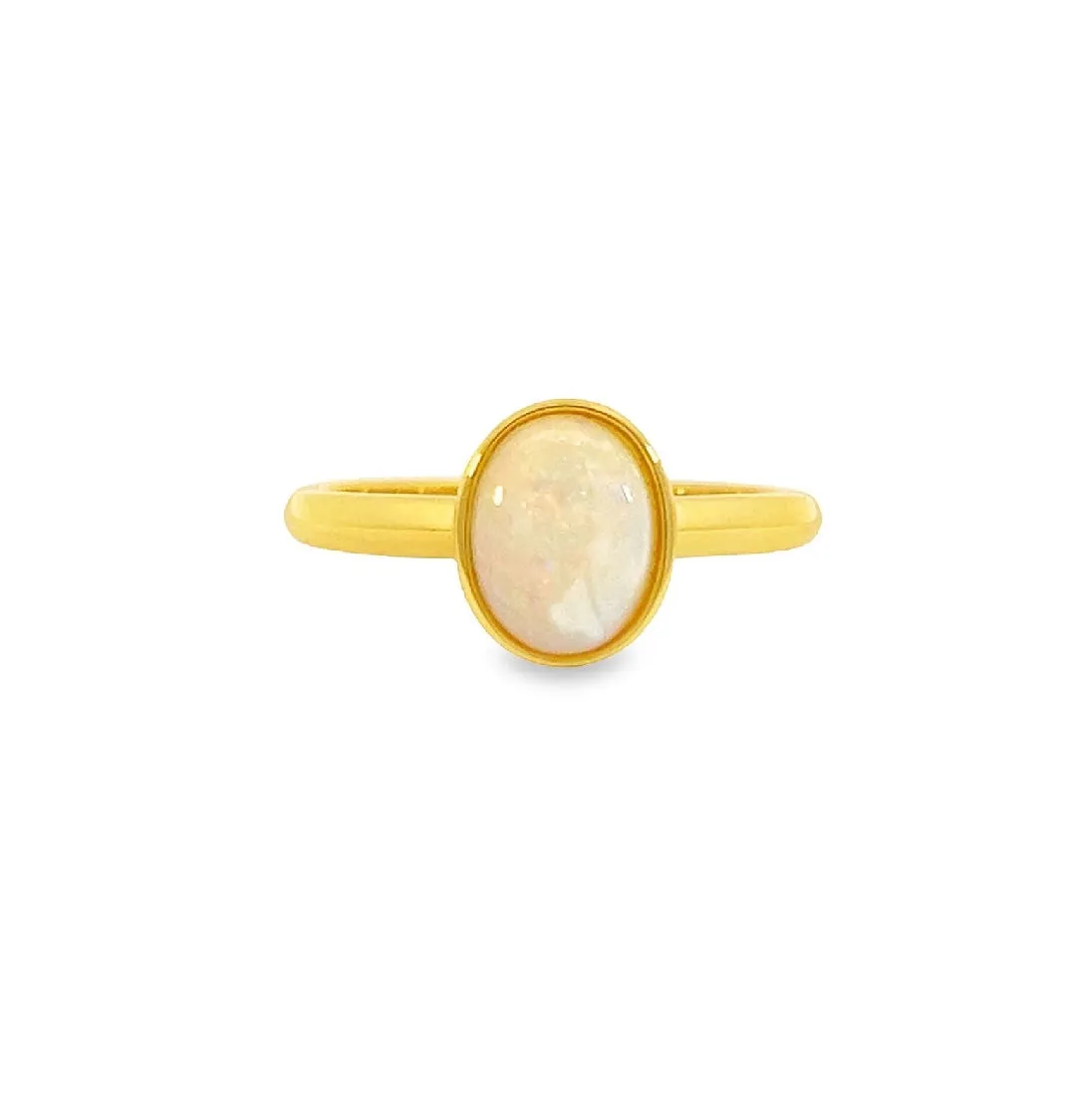 Solitaire White Opal Ring - Gold Plated Sterling Silver - Dainty Women's Blue, Silver & Gold Opal Jewelry 9x7mm