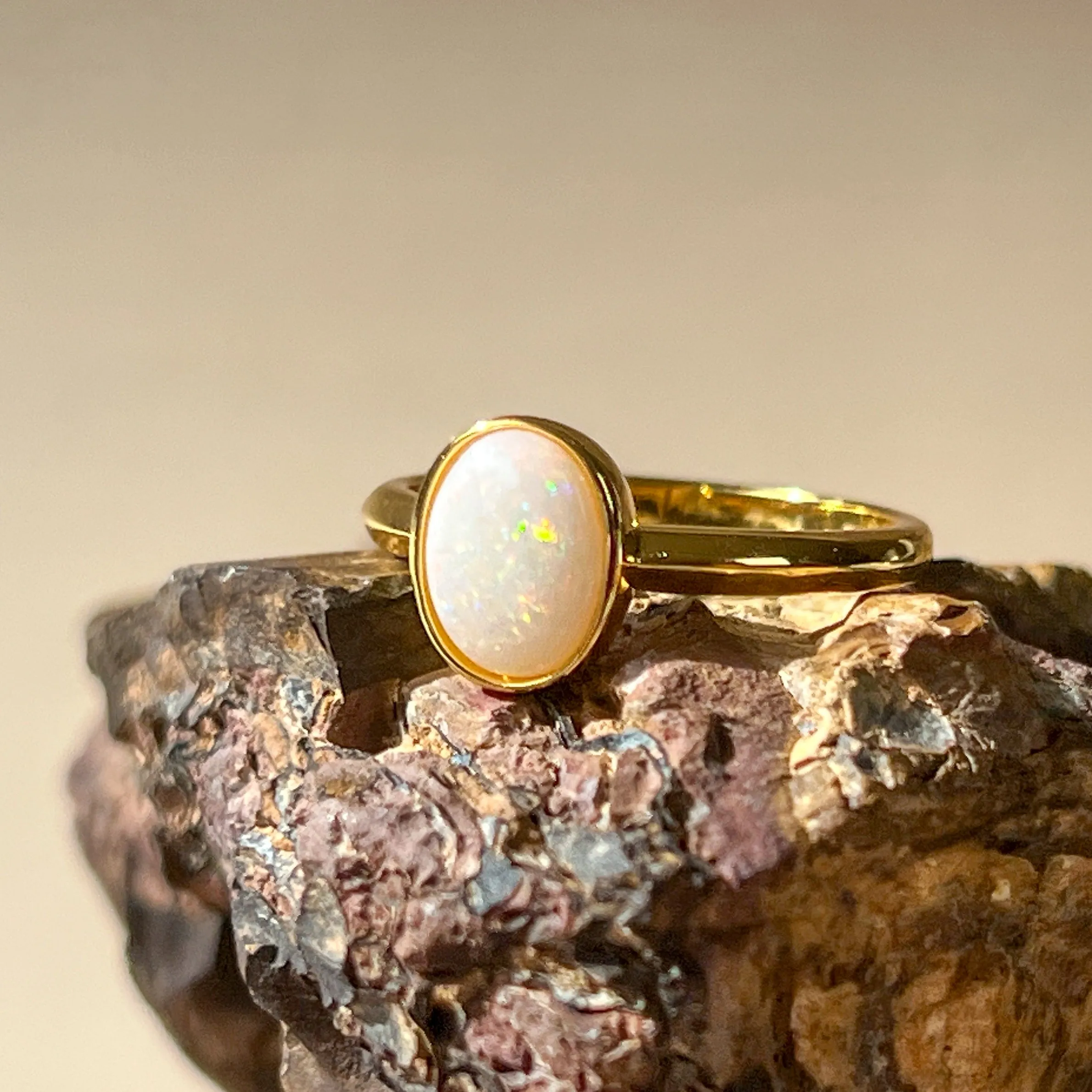 Solitaire White Opal Ring - Gold Plated Sterling Silver - Dainty Women's Blue, Silver & Gold Opal Jewelry 9x7mm