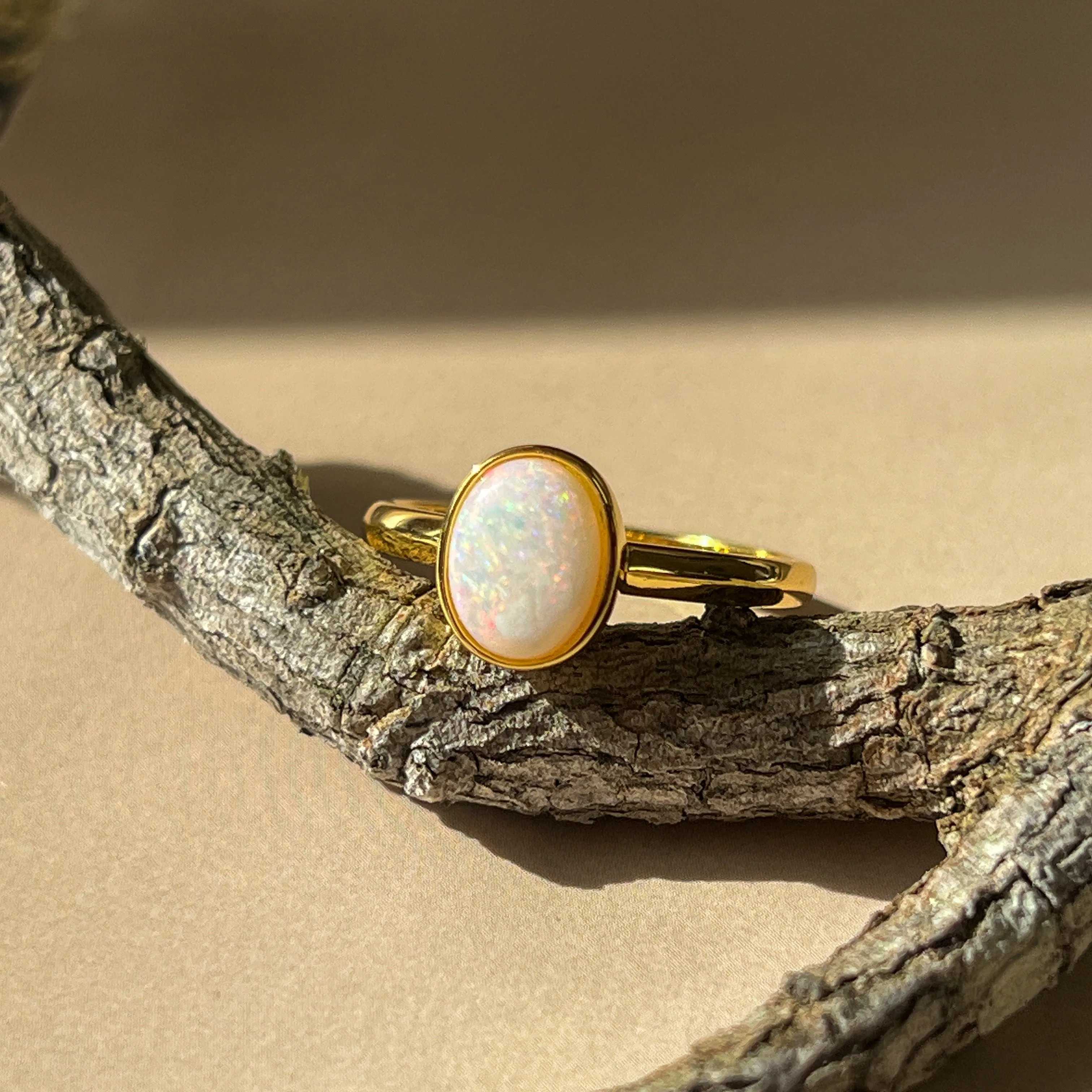 Solitaire White Opal Ring - Gold Plated Sterling Silver - Dainty Women's Blue, Silver & Gold Opal Jewelry 9x7mm