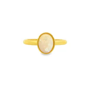 Solitaire White Opal Ring - Gold Plated Sterling Silver - Dainty Women's Blue, Silver & Gold Opal Jewelry 9x7mm