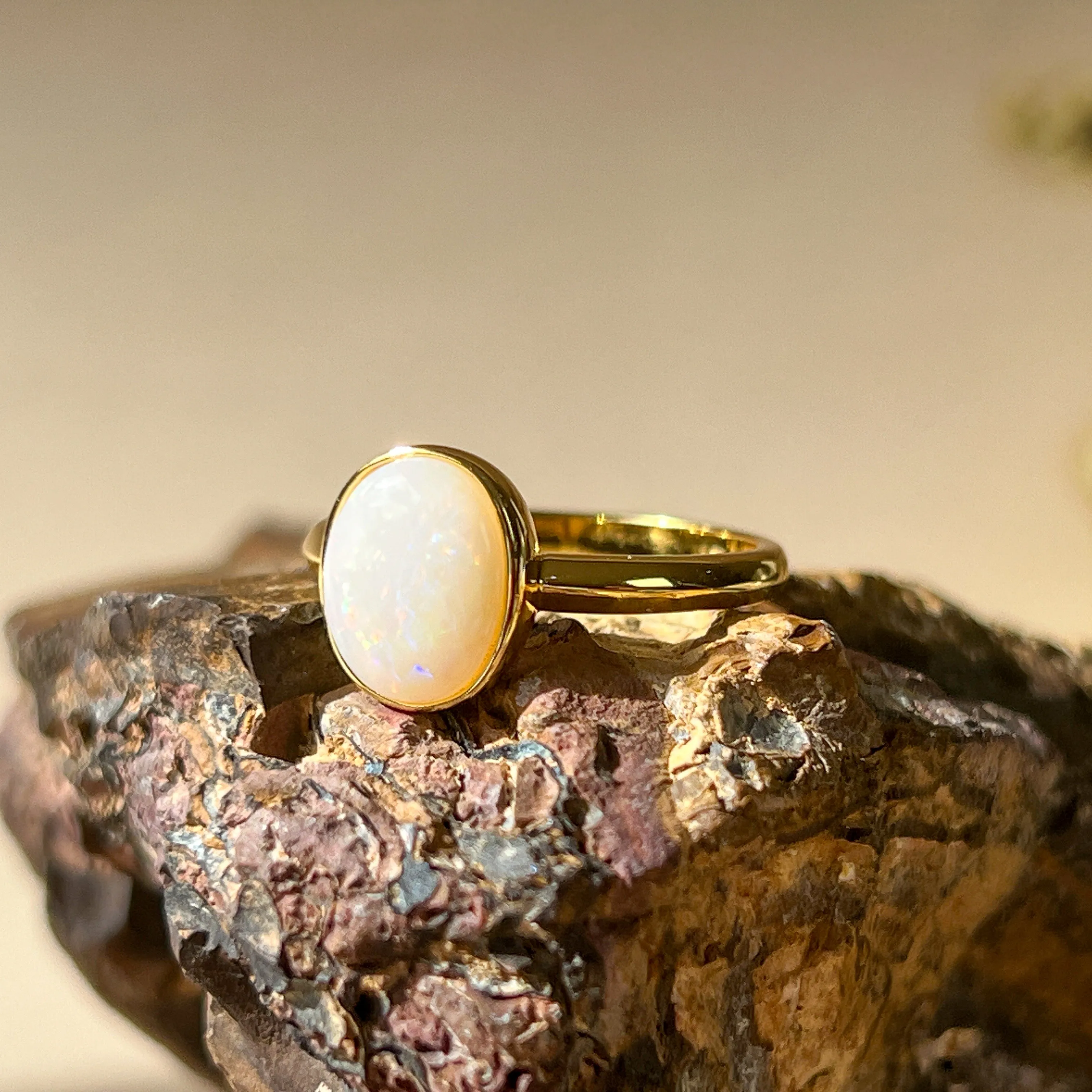 Solitaire White Opal Ring - Gold Plated Sterling Silver - Dainty Women's Blue, Silver & Gold Opal Jewelry 9x7mm
