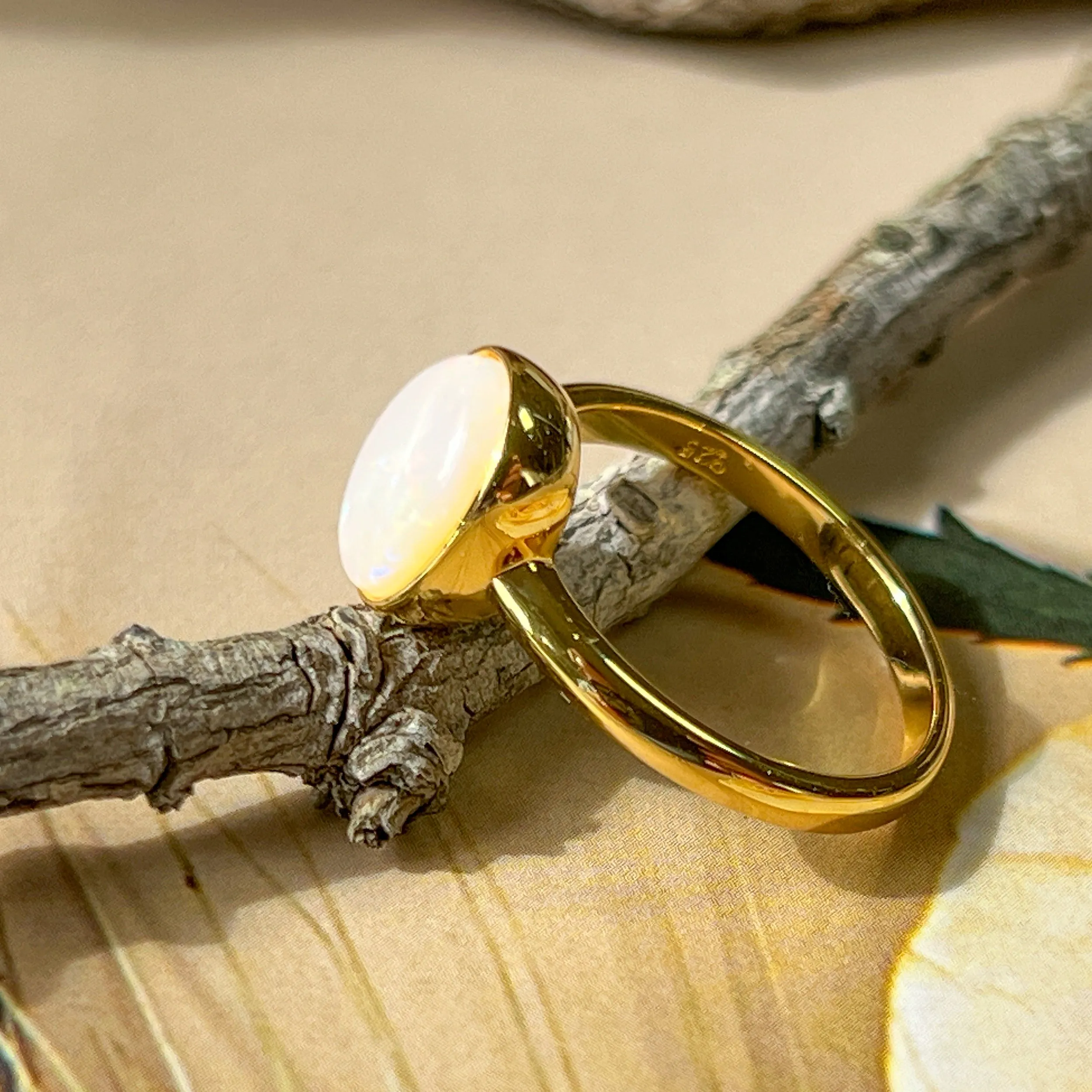 Solitaire White Opal Ring - Gold Plated Sterling Silver - Dainty Women's Blue, Silver & Gold Opal Jewelry 9x7mm