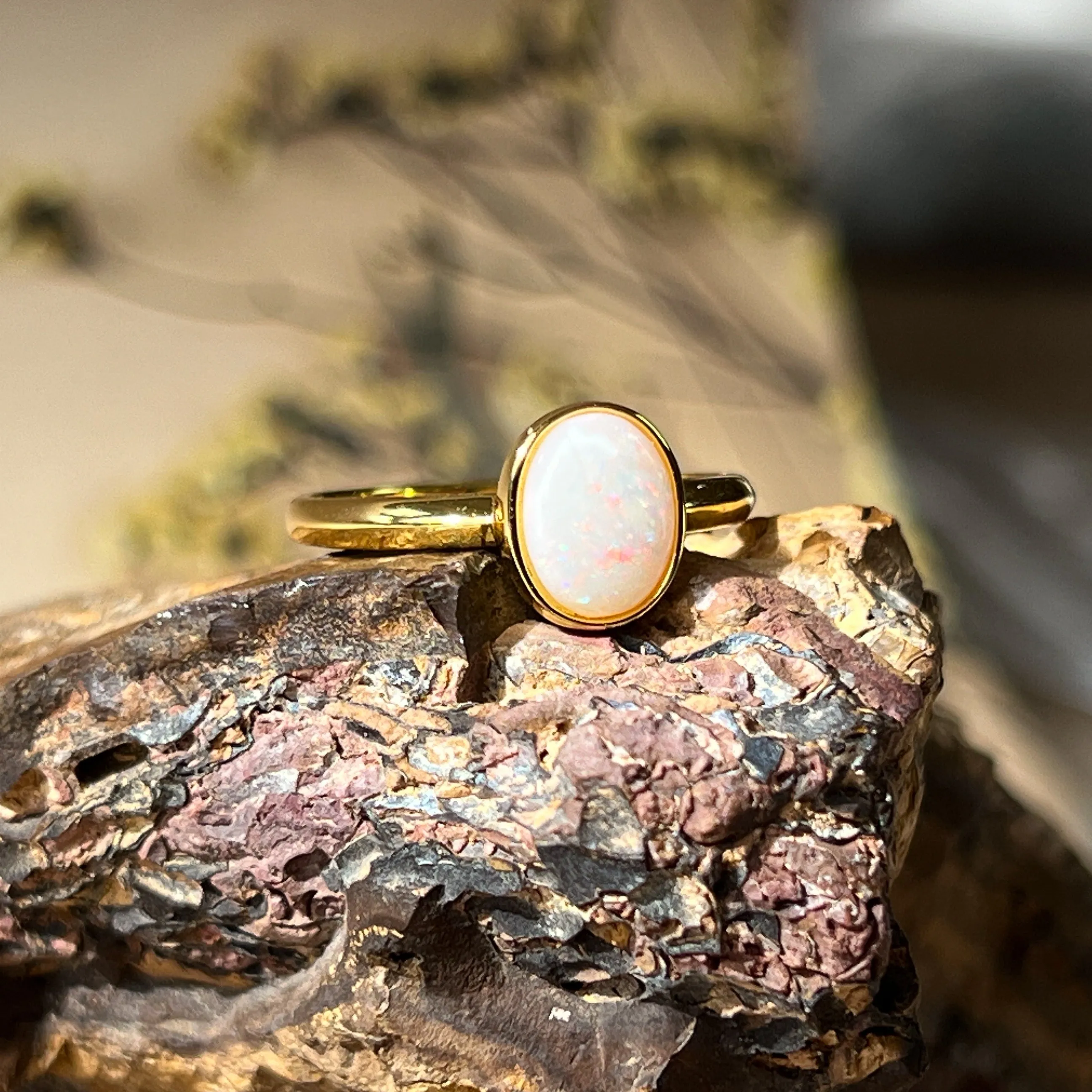 Solitaire White Opal Ring - Gold Plated Sterling Silver - Dainty Women's Blue, Silver & Gold Opal Jewelry 9x7mm