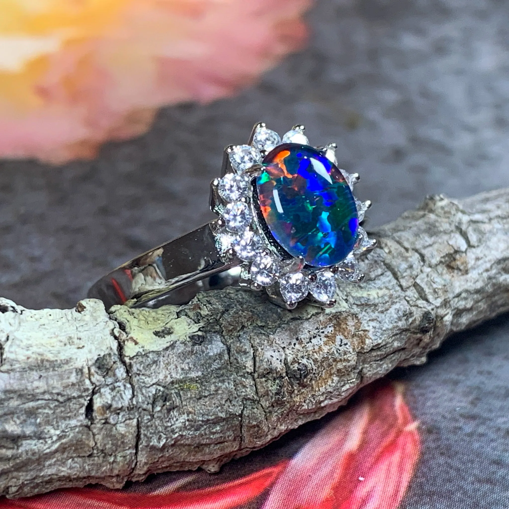 Sterling Silver 8x6mm Opal triplet cluster ring