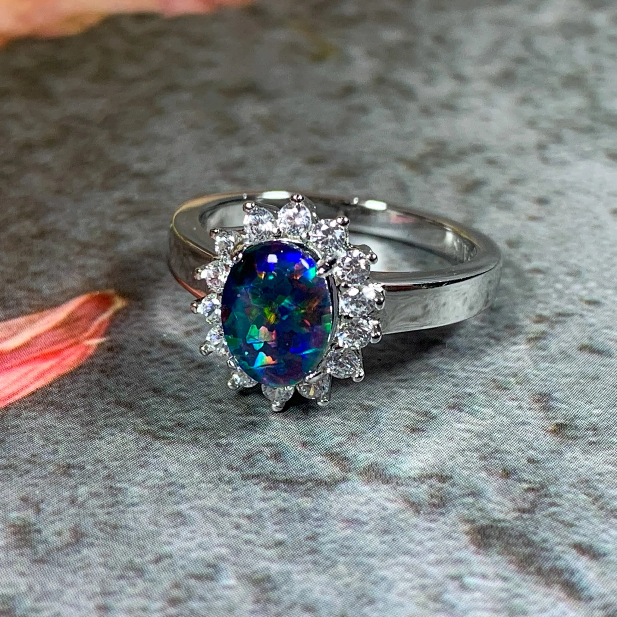 Sterling Silver 8x6mm Opal triplet cluster ring