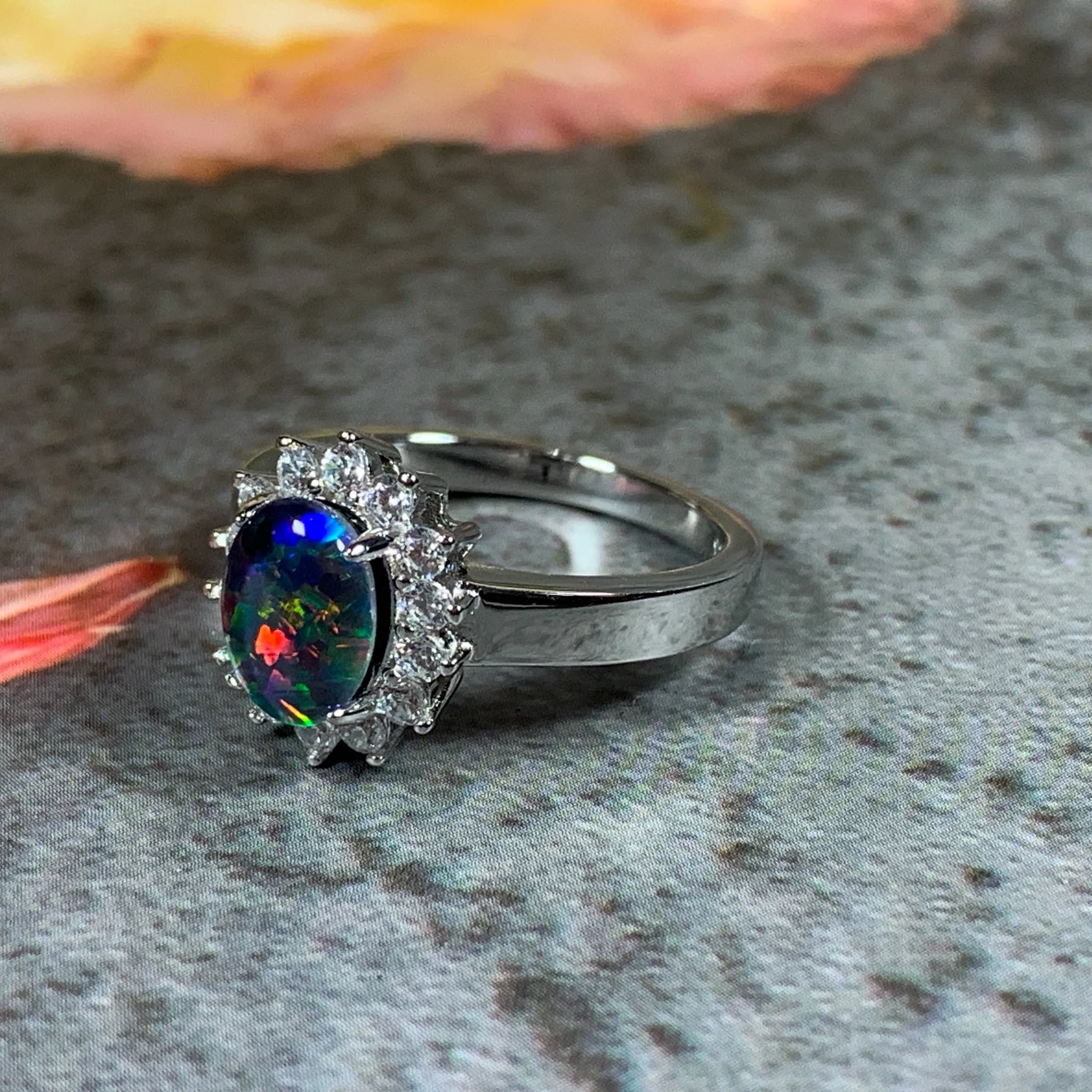 Sterling Silver 8x6mm Opal triplet cluster ring