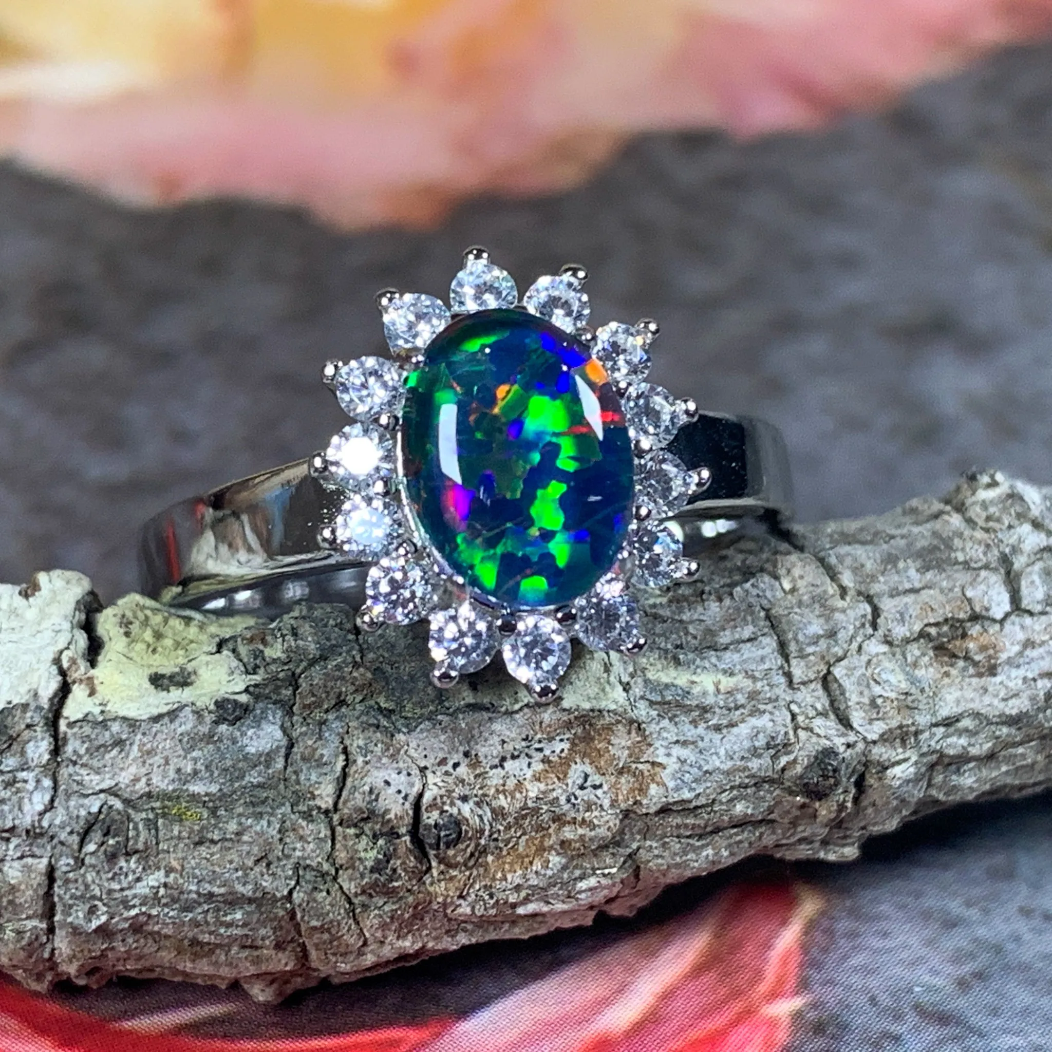 Sterling Silver 8x6mm Opal triplet cluster ring