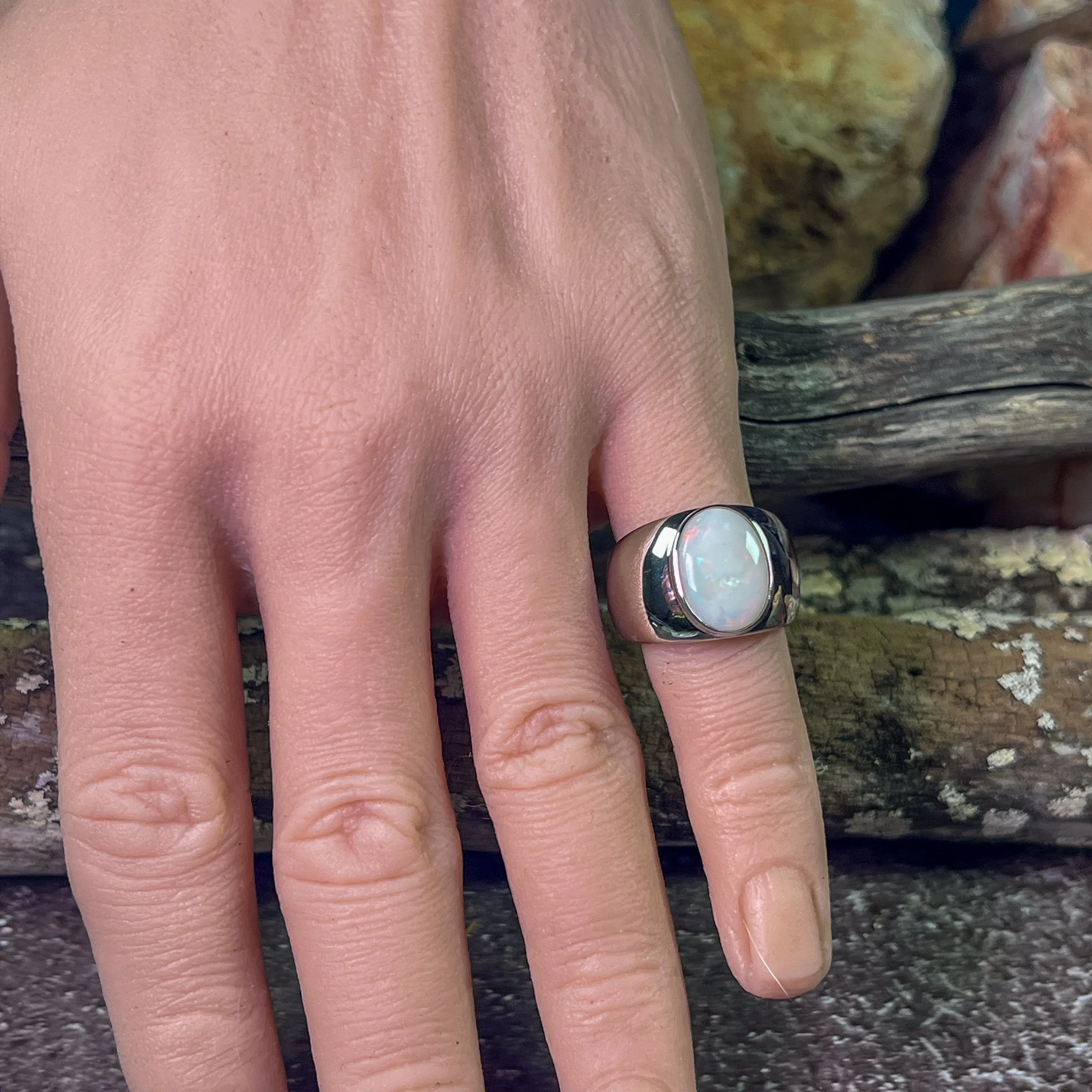 Sterling Silver broad White Opal solitaire ring