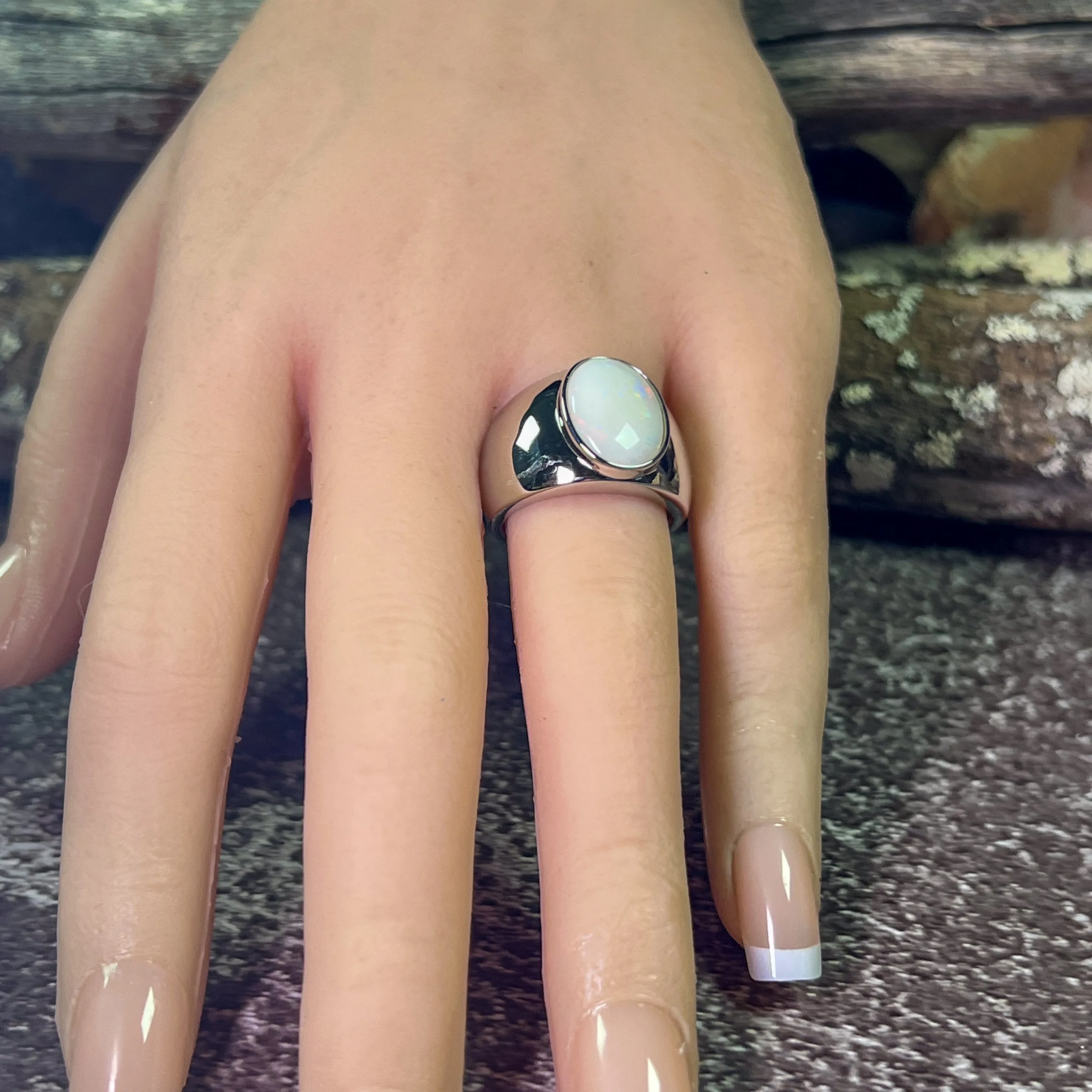 Sterling Silver broad White Opal solitaire ring