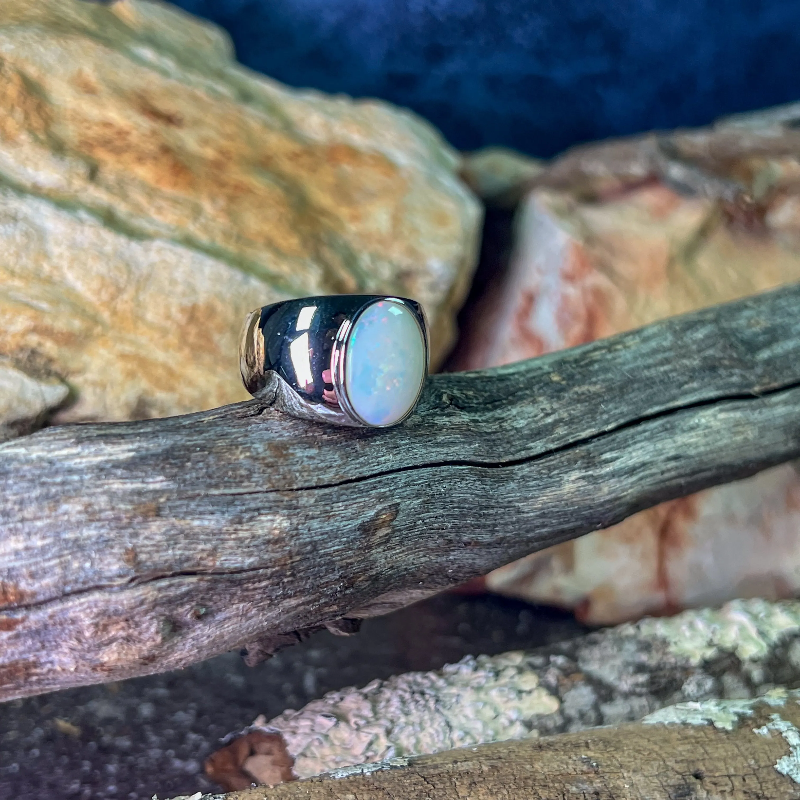 Sterling Silver broad White Opal solitaire ring