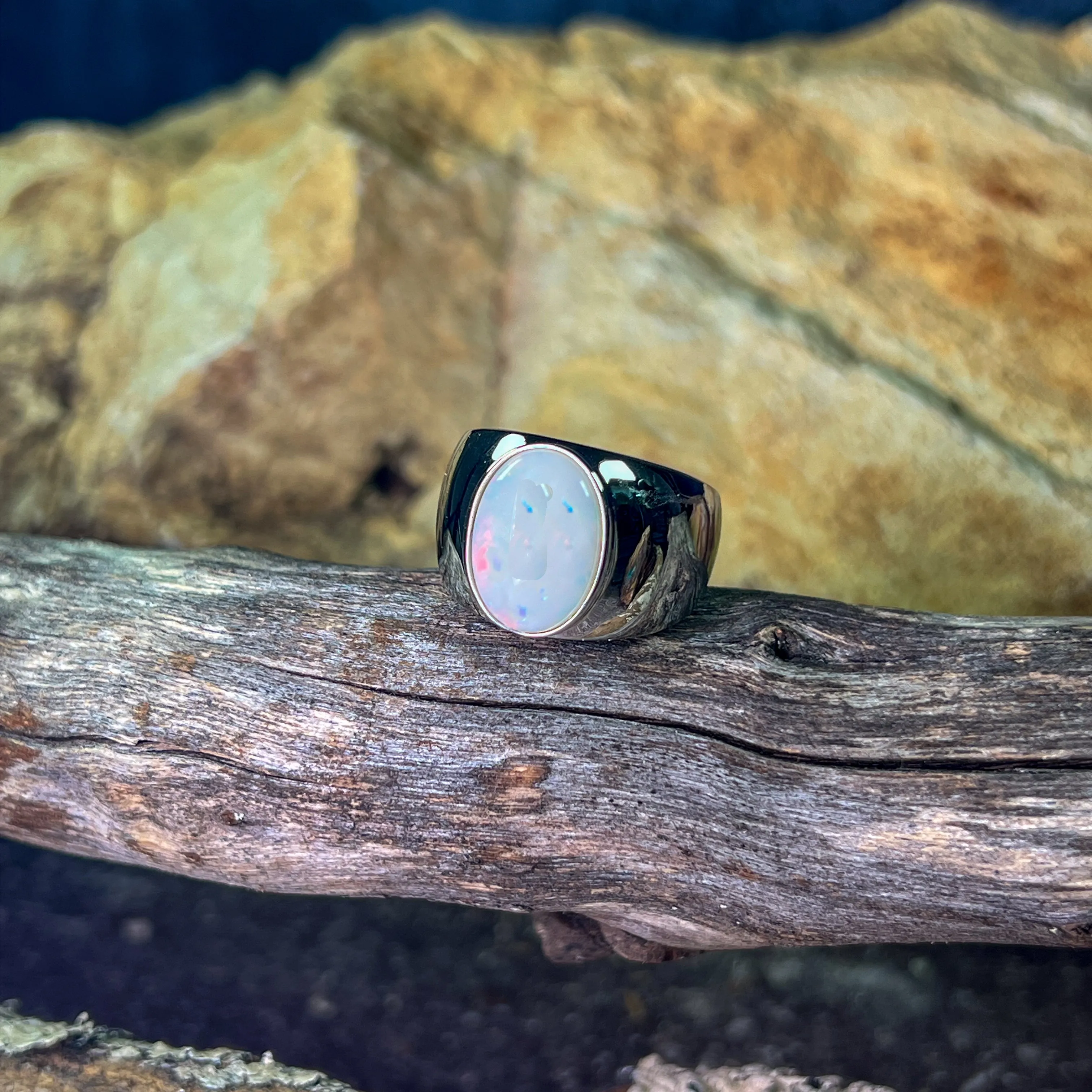 Sterling Silver broad White Opal solitaire ring
