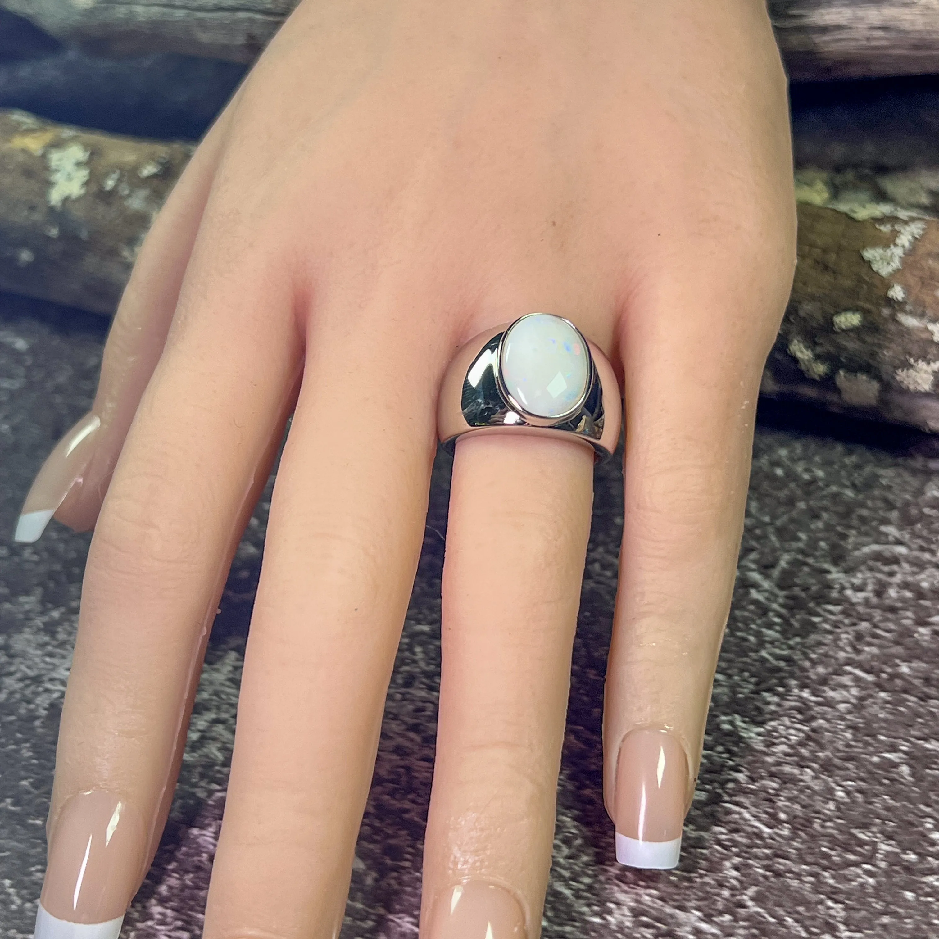 Sterling Silver broad White Opal solitaire ring